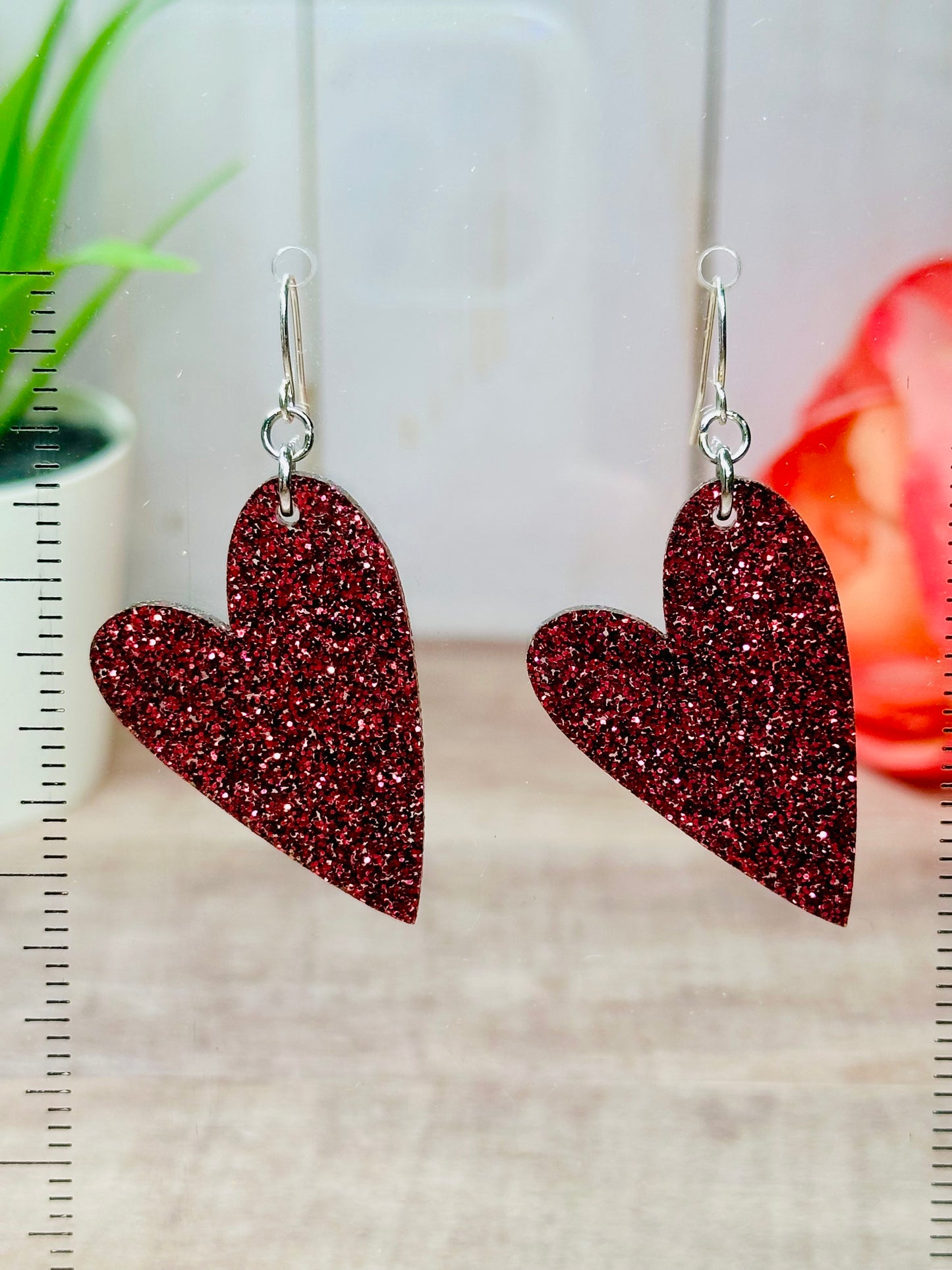 Maroon Glitter Heart Earrings