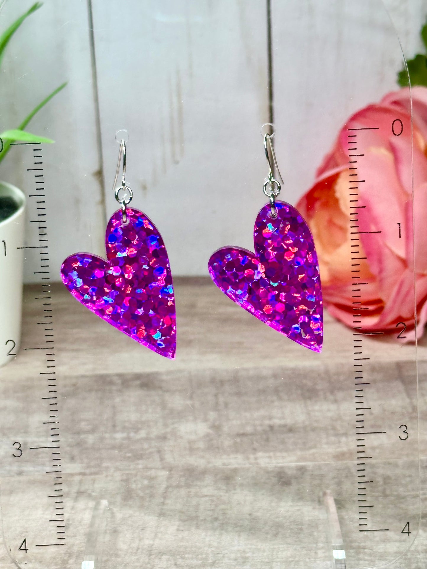 Magenta Holographic Chunky Glitter Heart Earrings