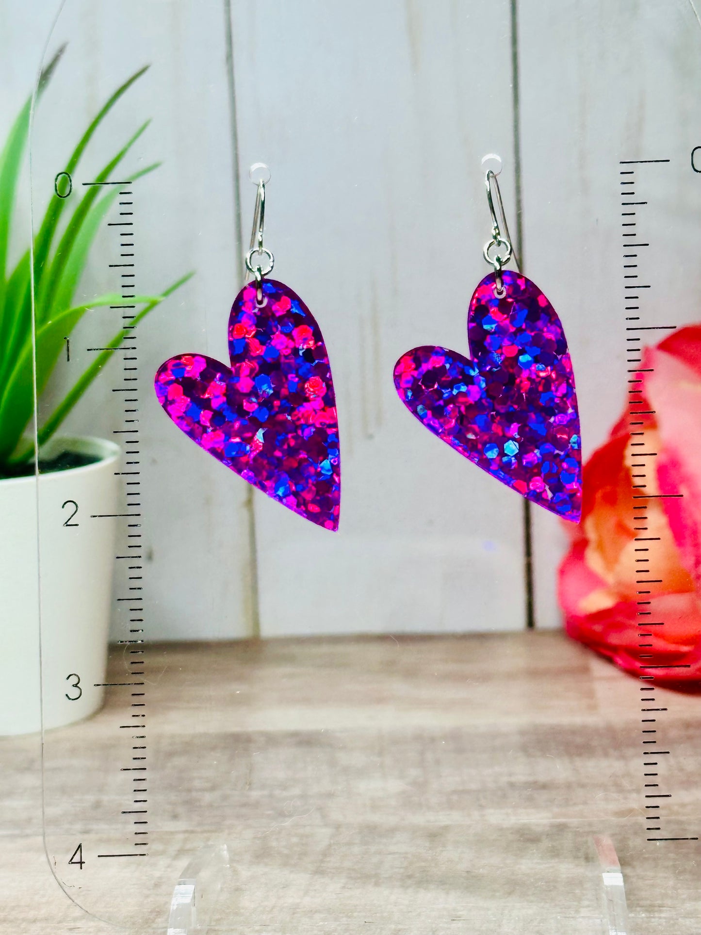 Magenta Holographic Chunky Glitter Heart Earrings