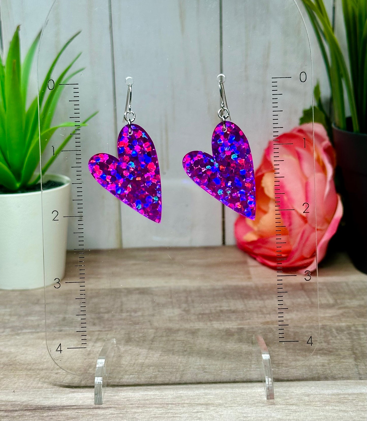 Magenta Holographic Chunky Glitter Heart Earrings
