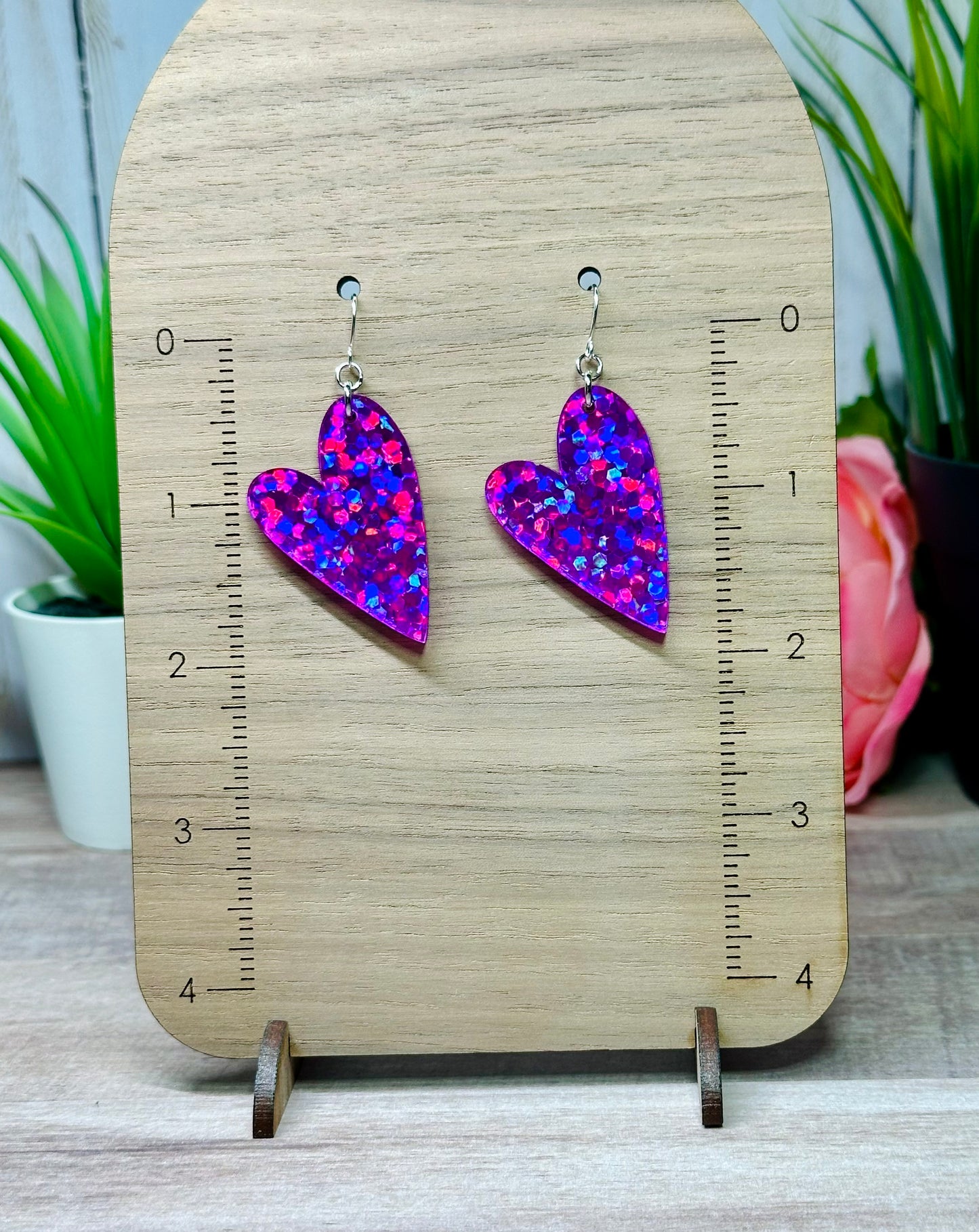 Magenta Holographic Chunky Glitter Heart Earrings