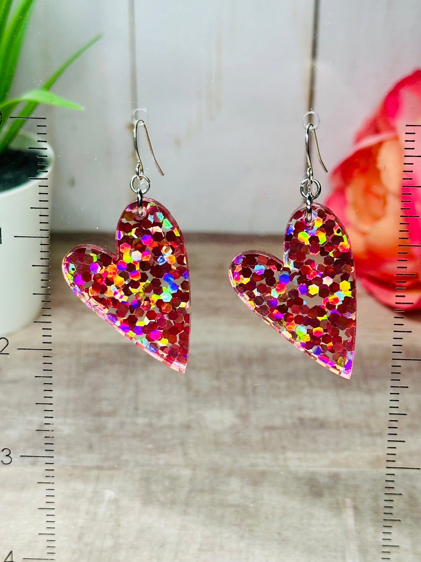 Pink Chunky Holographic Glitter Heart Earrings