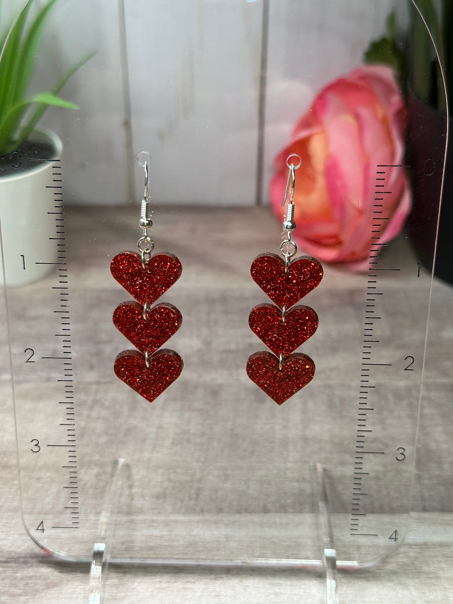 Cascading Red Glitter Heart Earrings