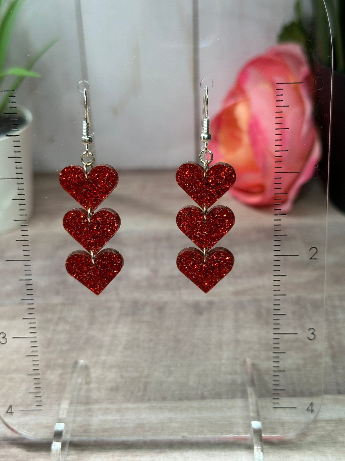 Cascading Red Glitter Heart Earrings