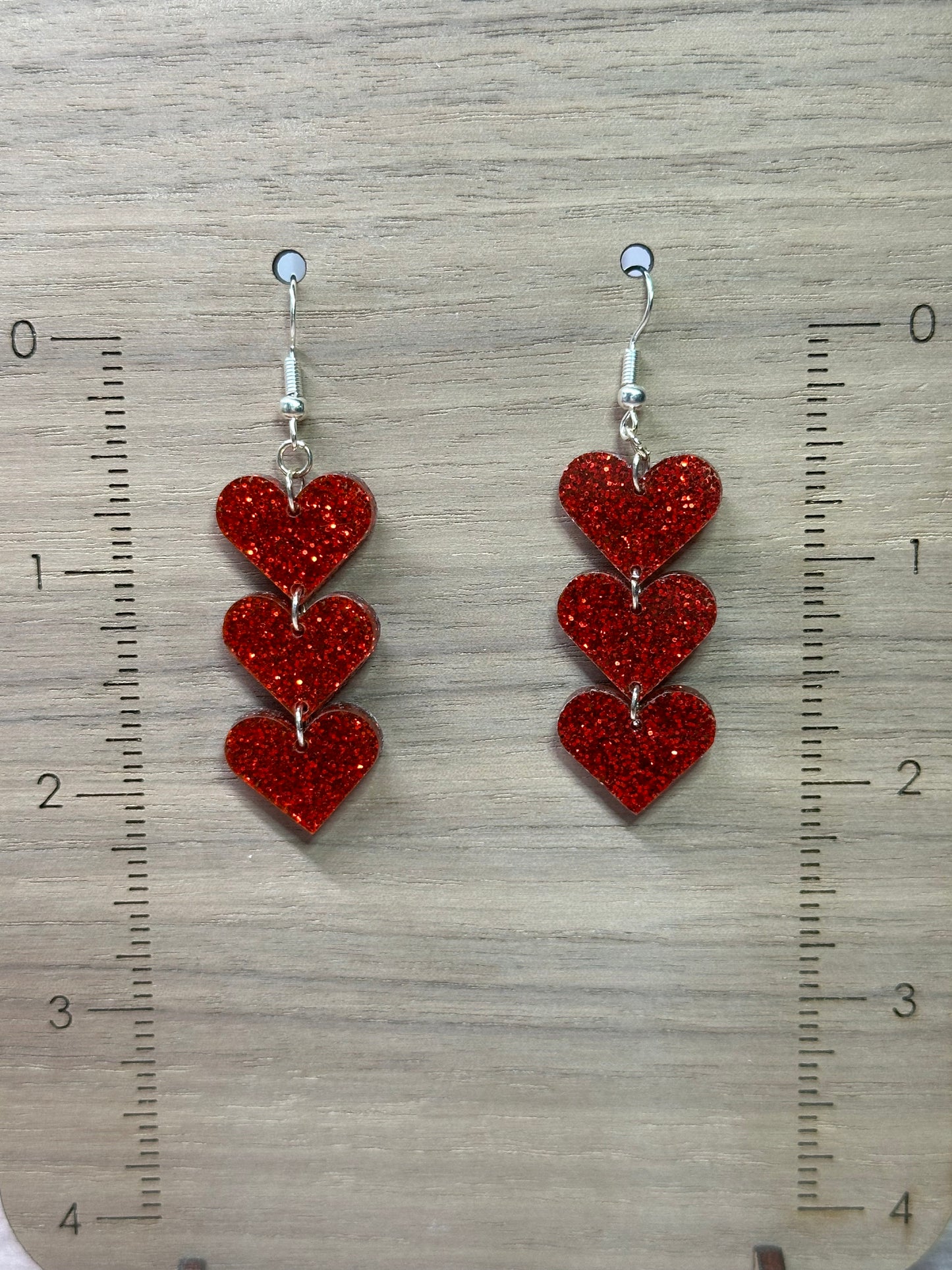 Cascading Red Glitter Heart Earrings