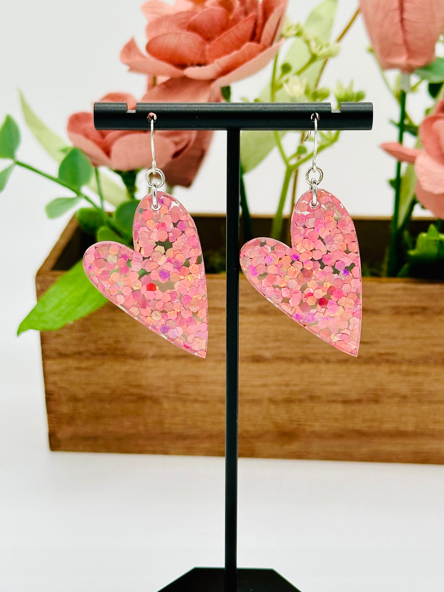 Pink Chunky Holographic Glitter Heart Earrings