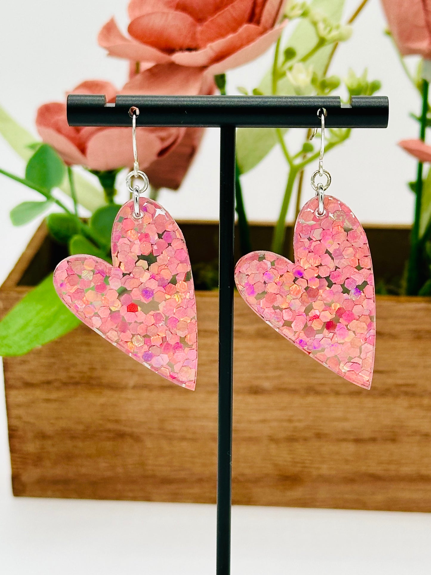 Pink Chunky Holographic Glitter Heart Earrings
