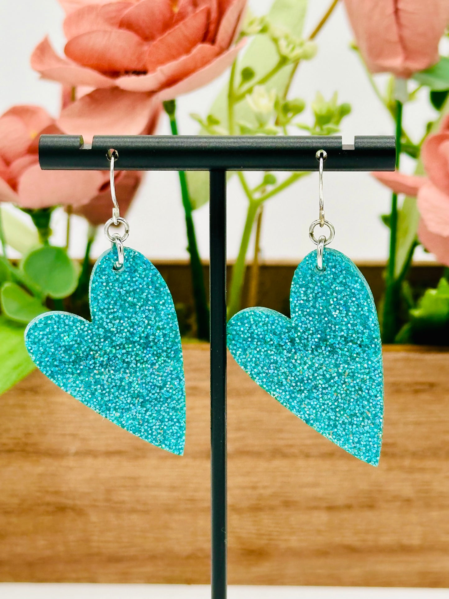 Teal Glitter Heart Earrings