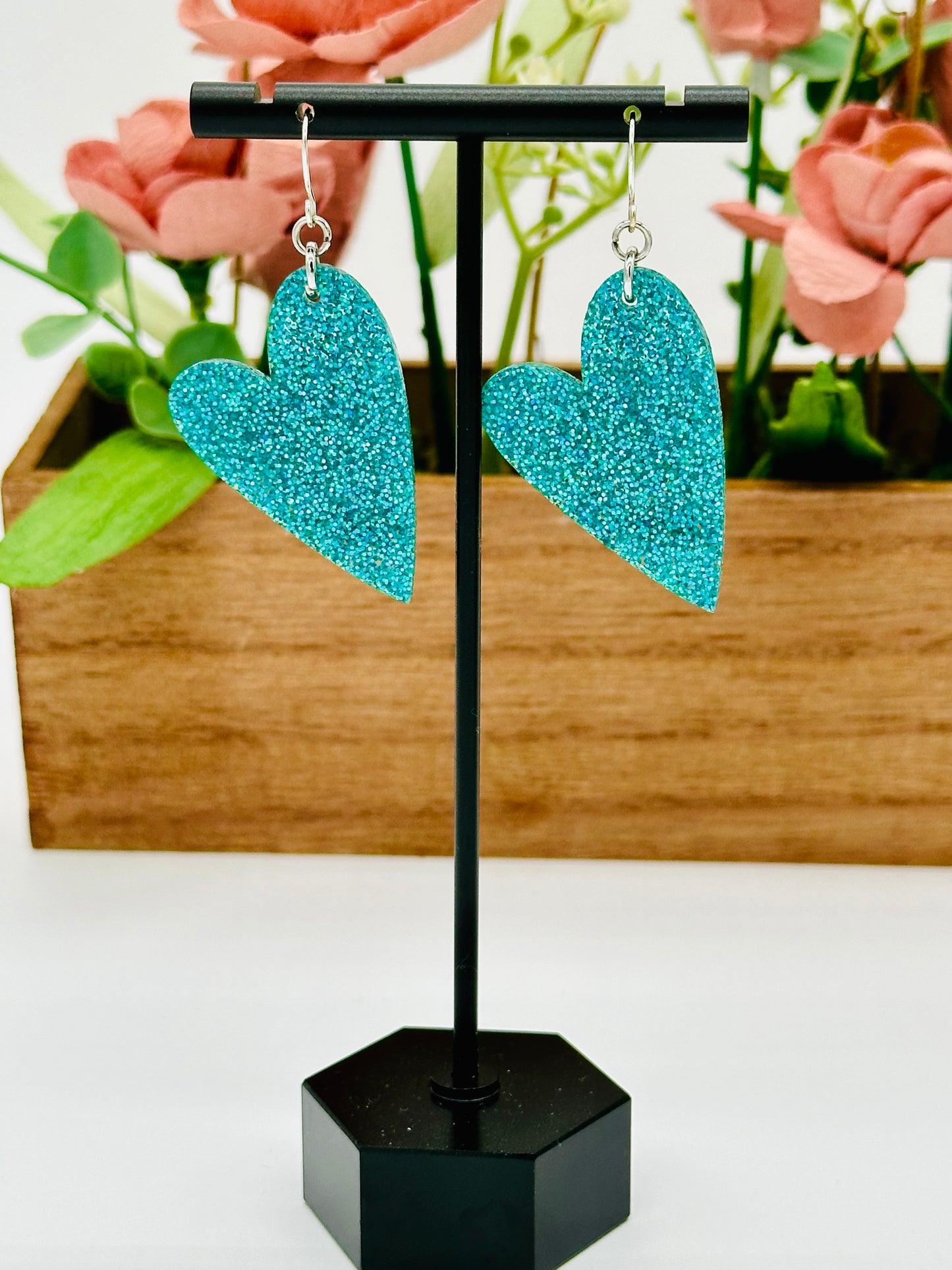 Teal Glitter Heart Earrings