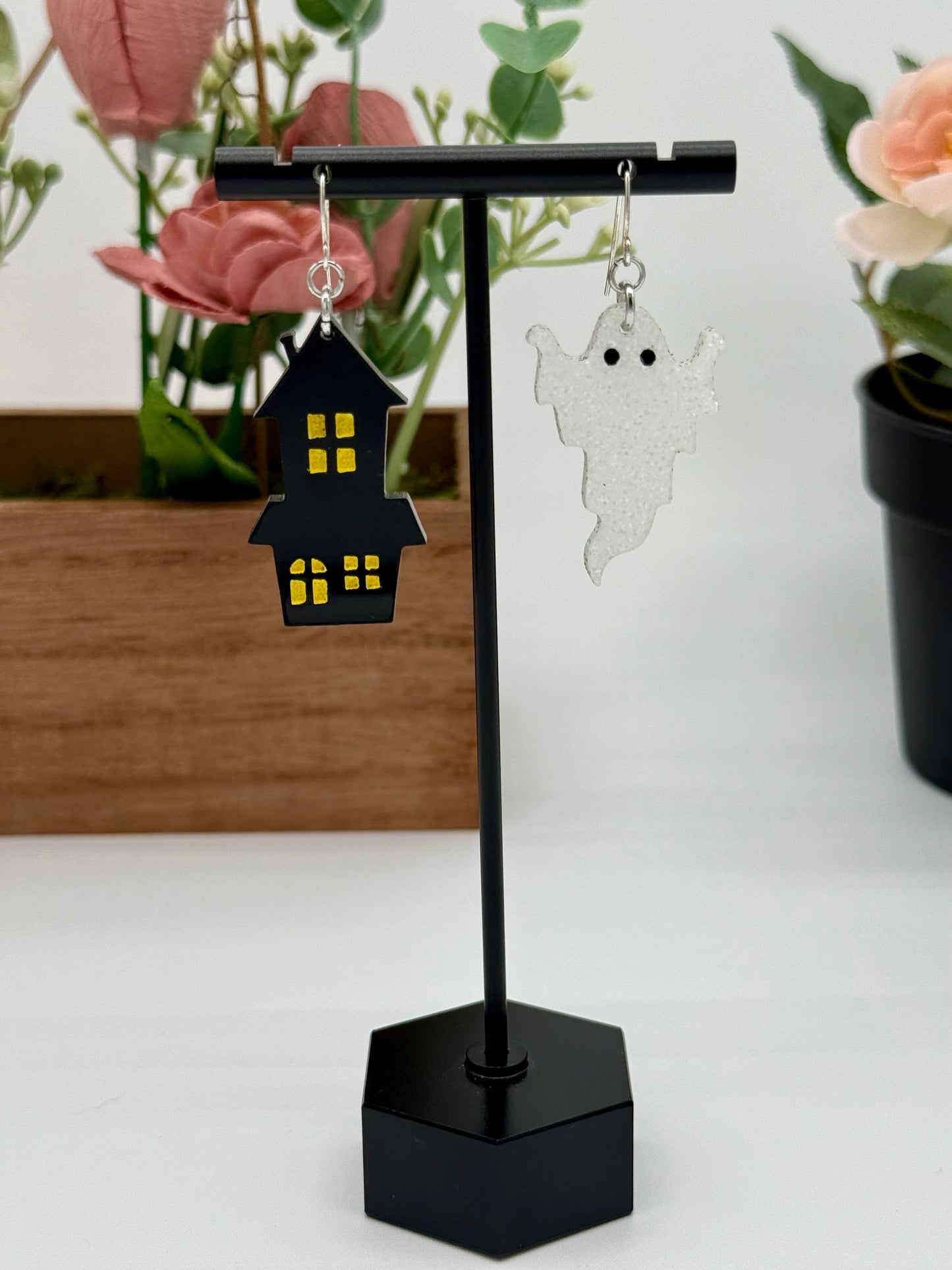 Glitter Ghost and Haunted House Dangle Earrings