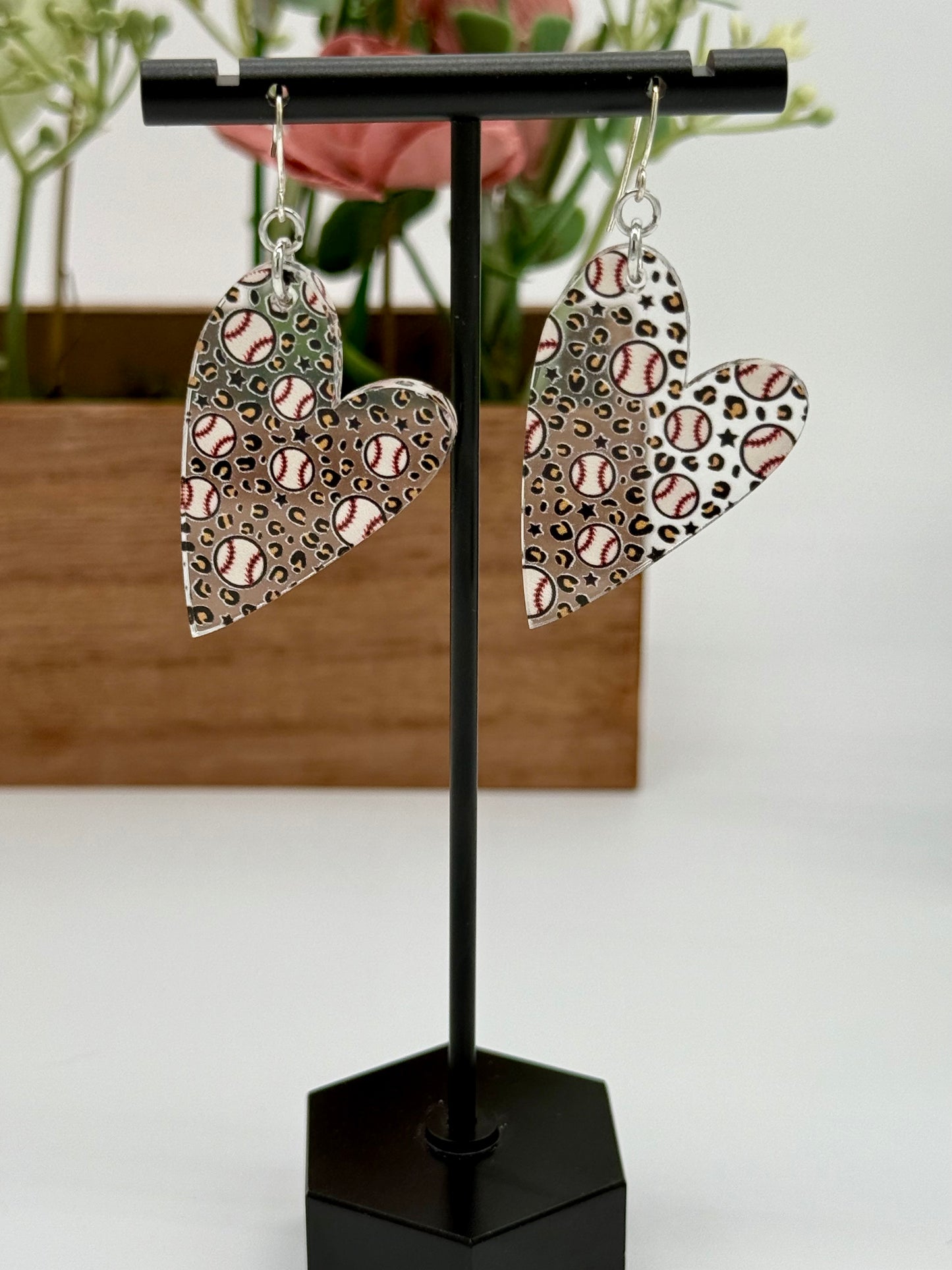Baseball Leopard Heart Earrings