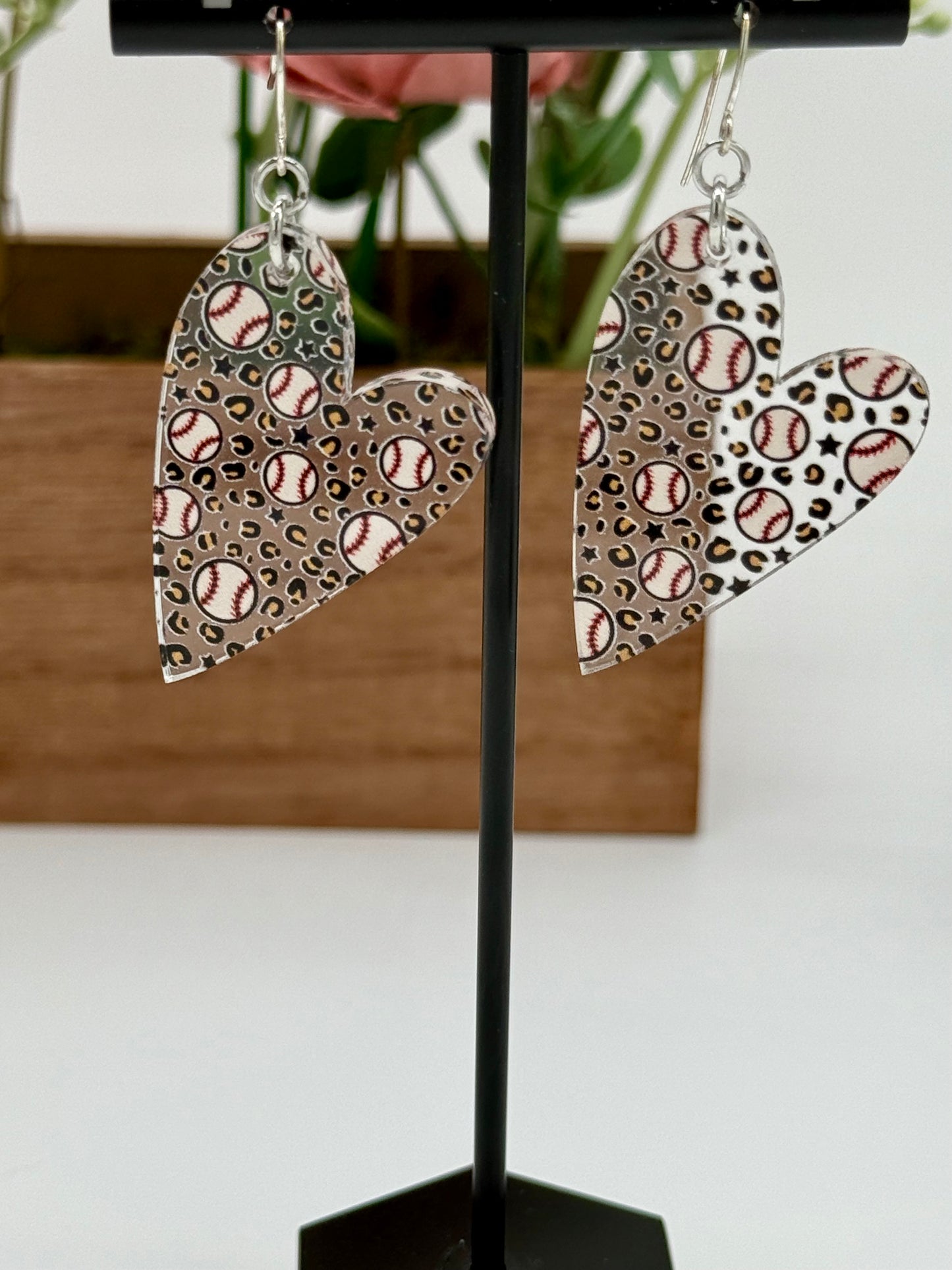 Baseball Leopard Heart Earrings