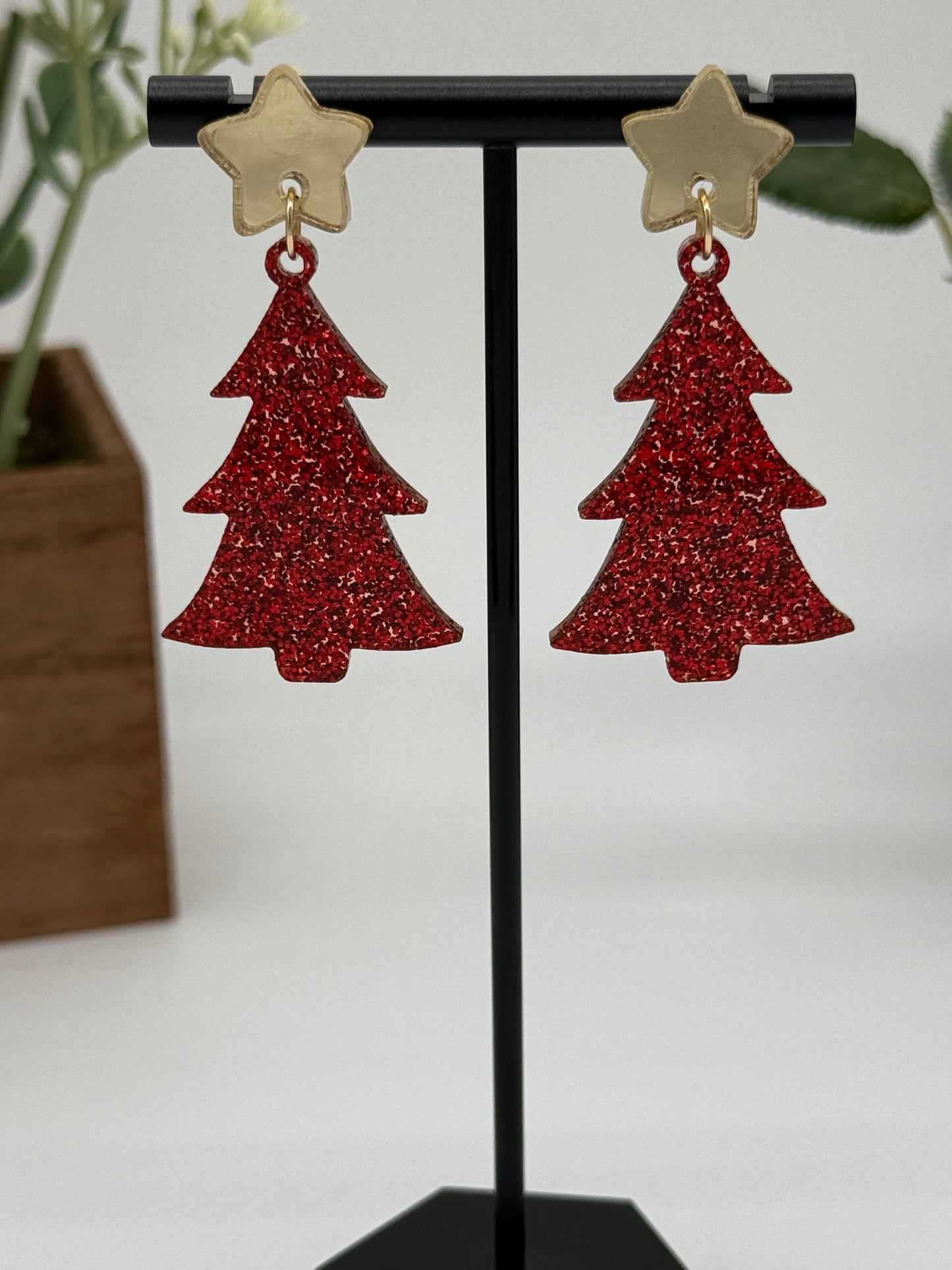 Red Glitter Christmas Tree Earrings