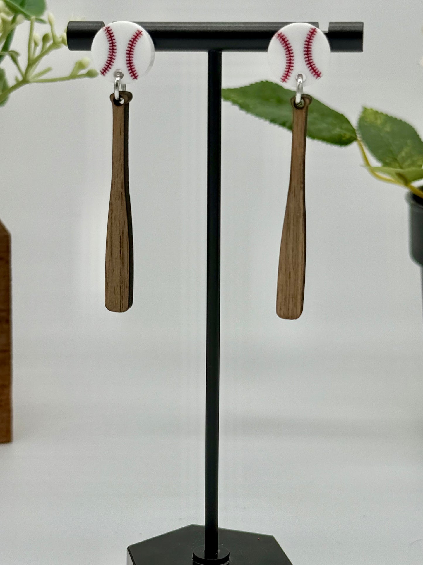 Baseball Bat Earrings with Baseball Stud