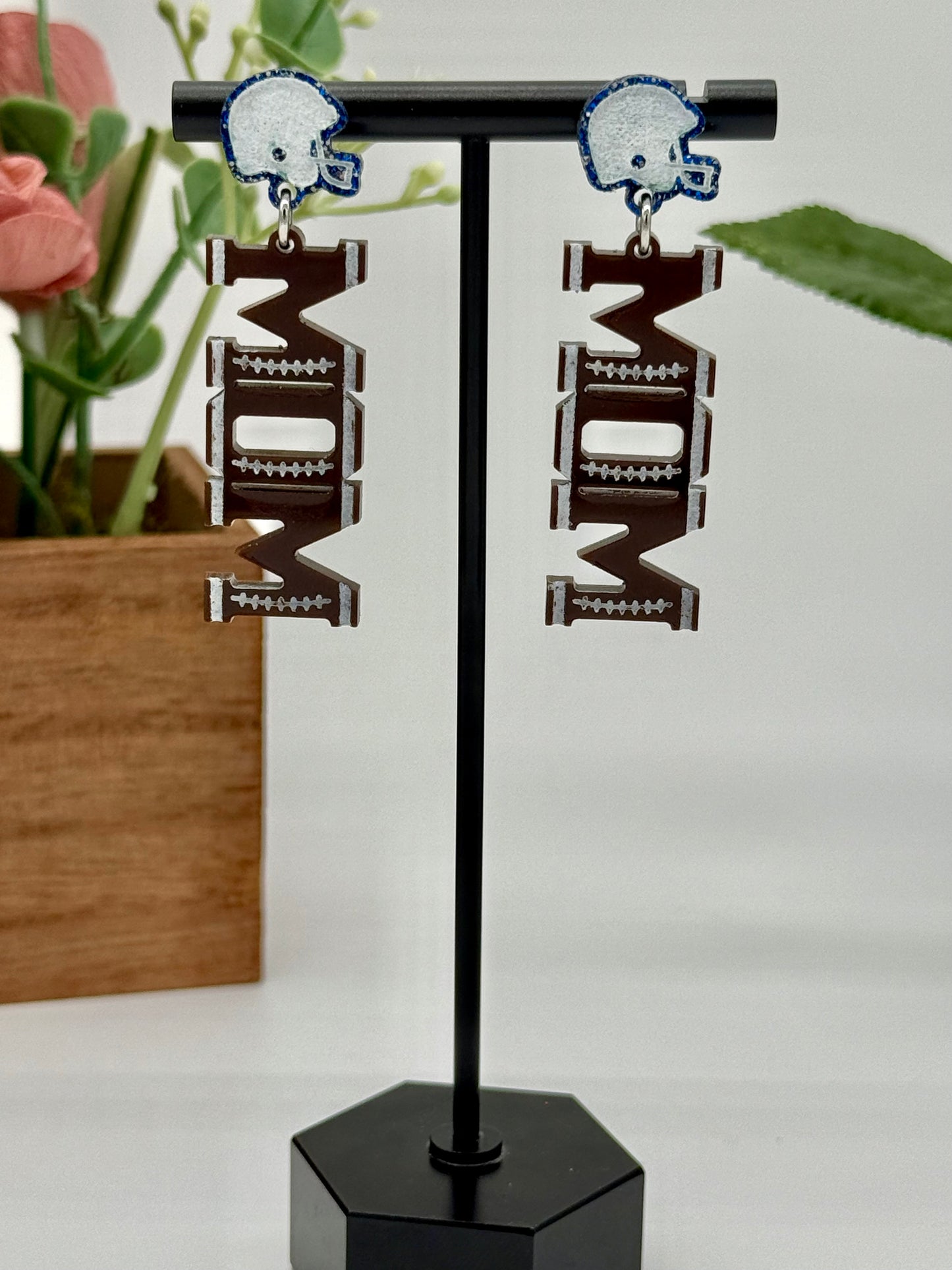 Football Mom Dangle Earrings with Helmet Stud