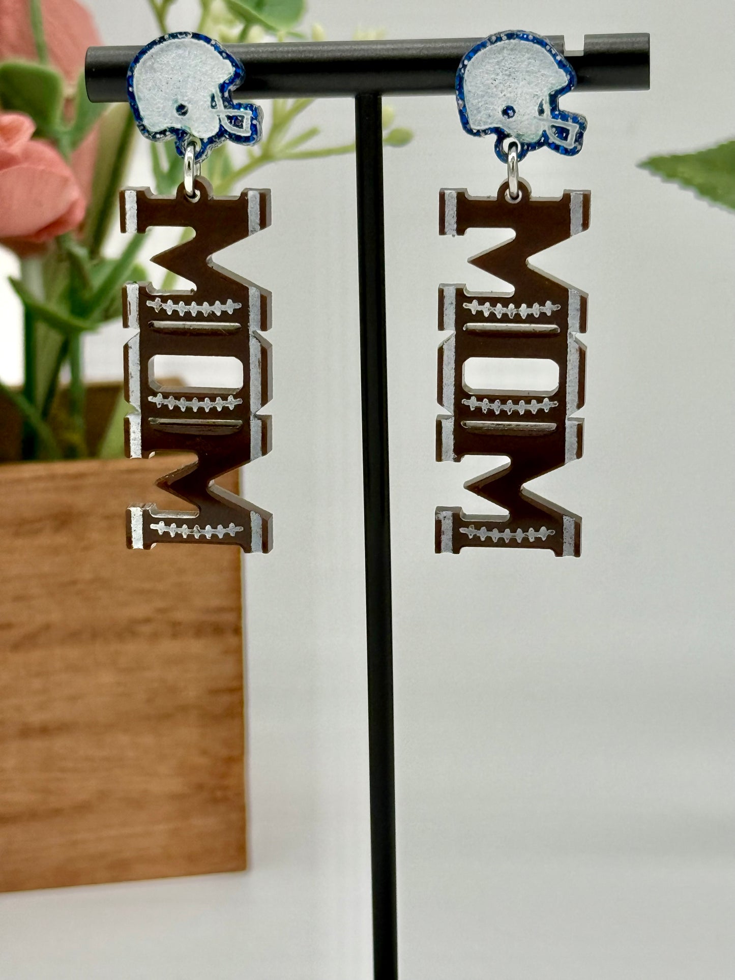 Football Mom Dangle Earrings with Helmet Stud