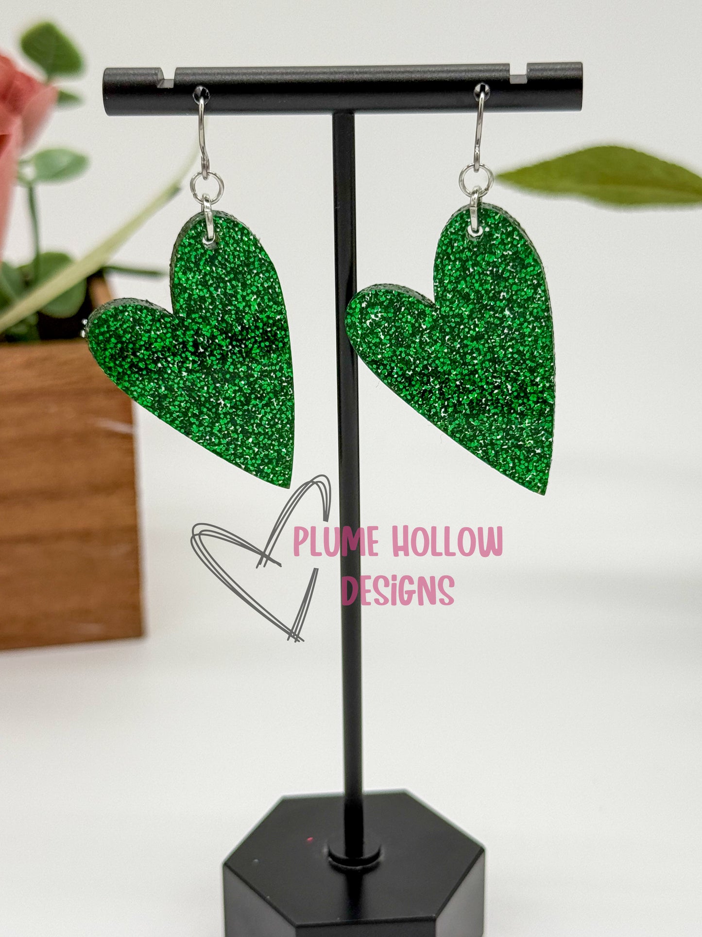 Green Glitter Heart Earrings