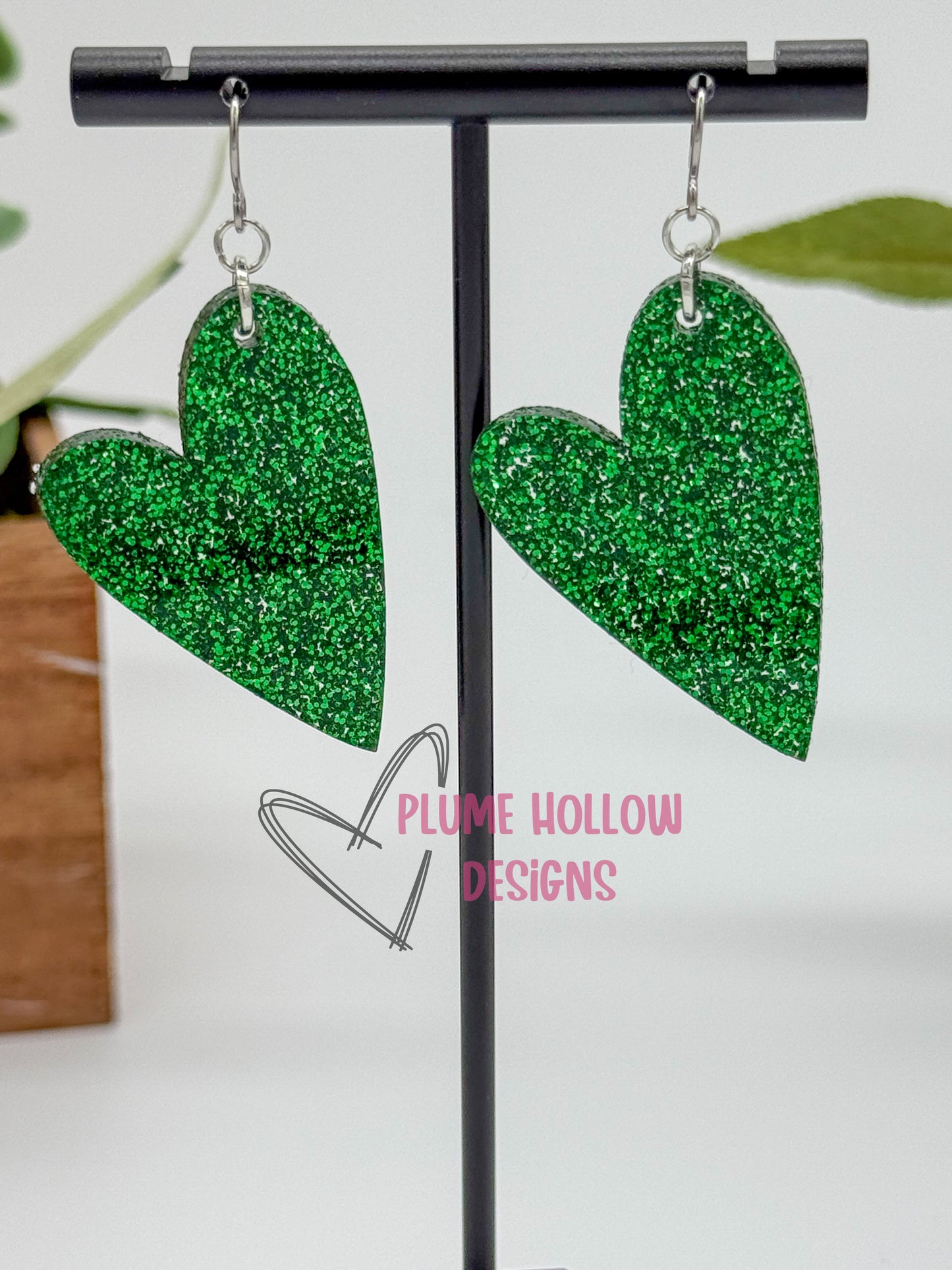 Green Glitter Heart Earrings