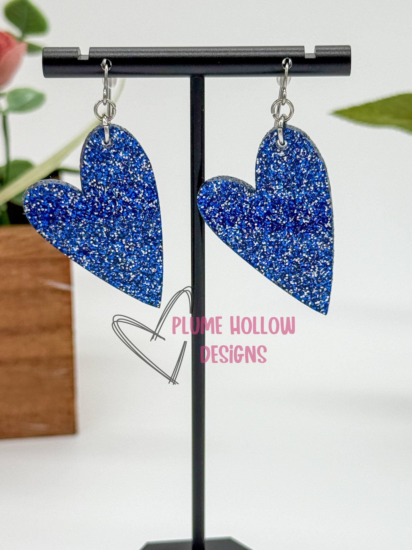 Blue Glitter Heart Earrings