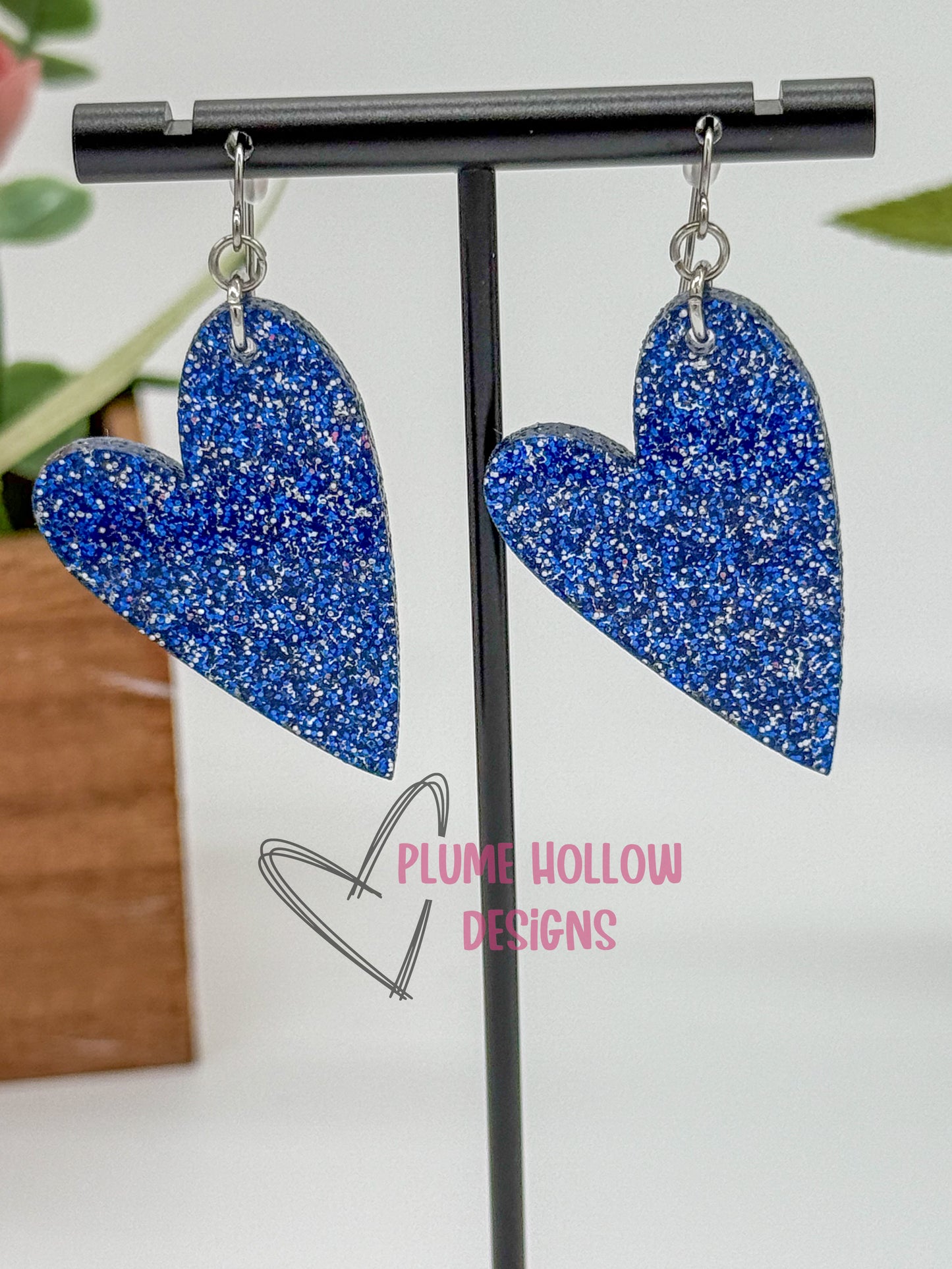 Blue Glitter Heart Earrings