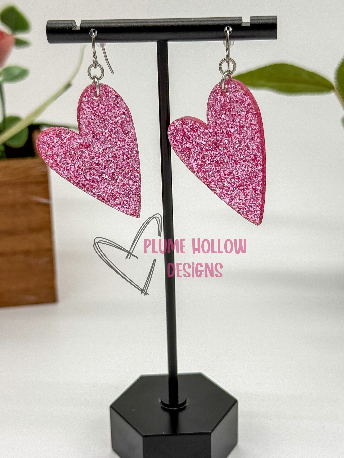 Pink Glitter Heart Earrings