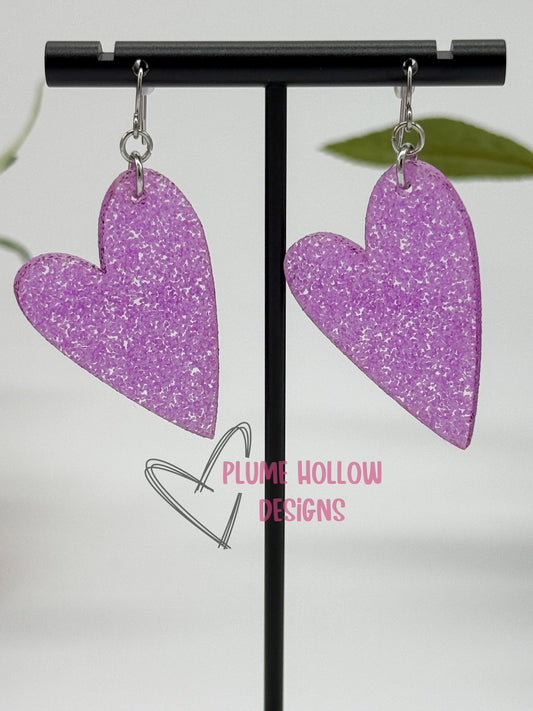 Neon Purple Glitter Heart Earrings
