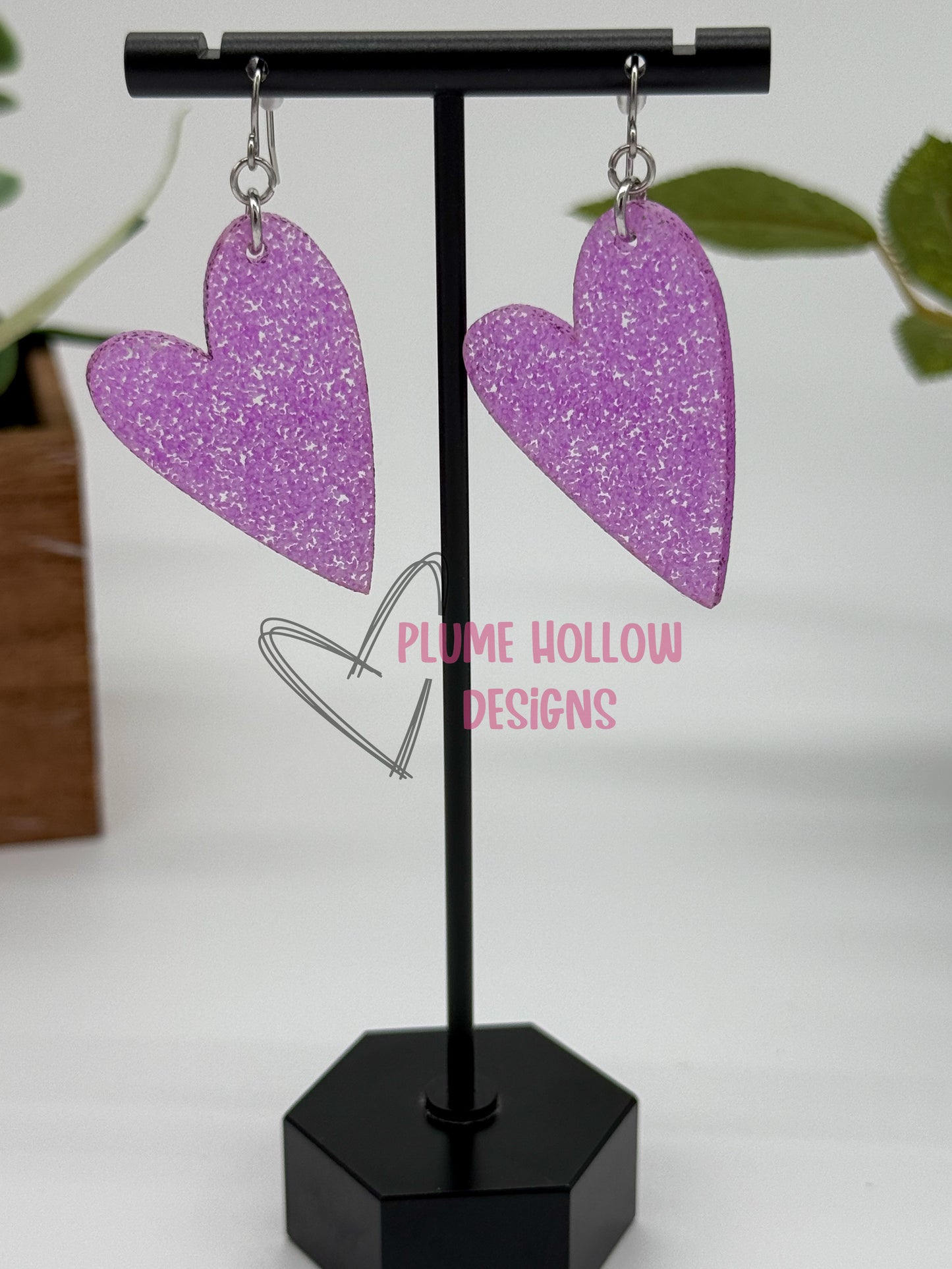 Neon Purple Glitter Heart Earrings
