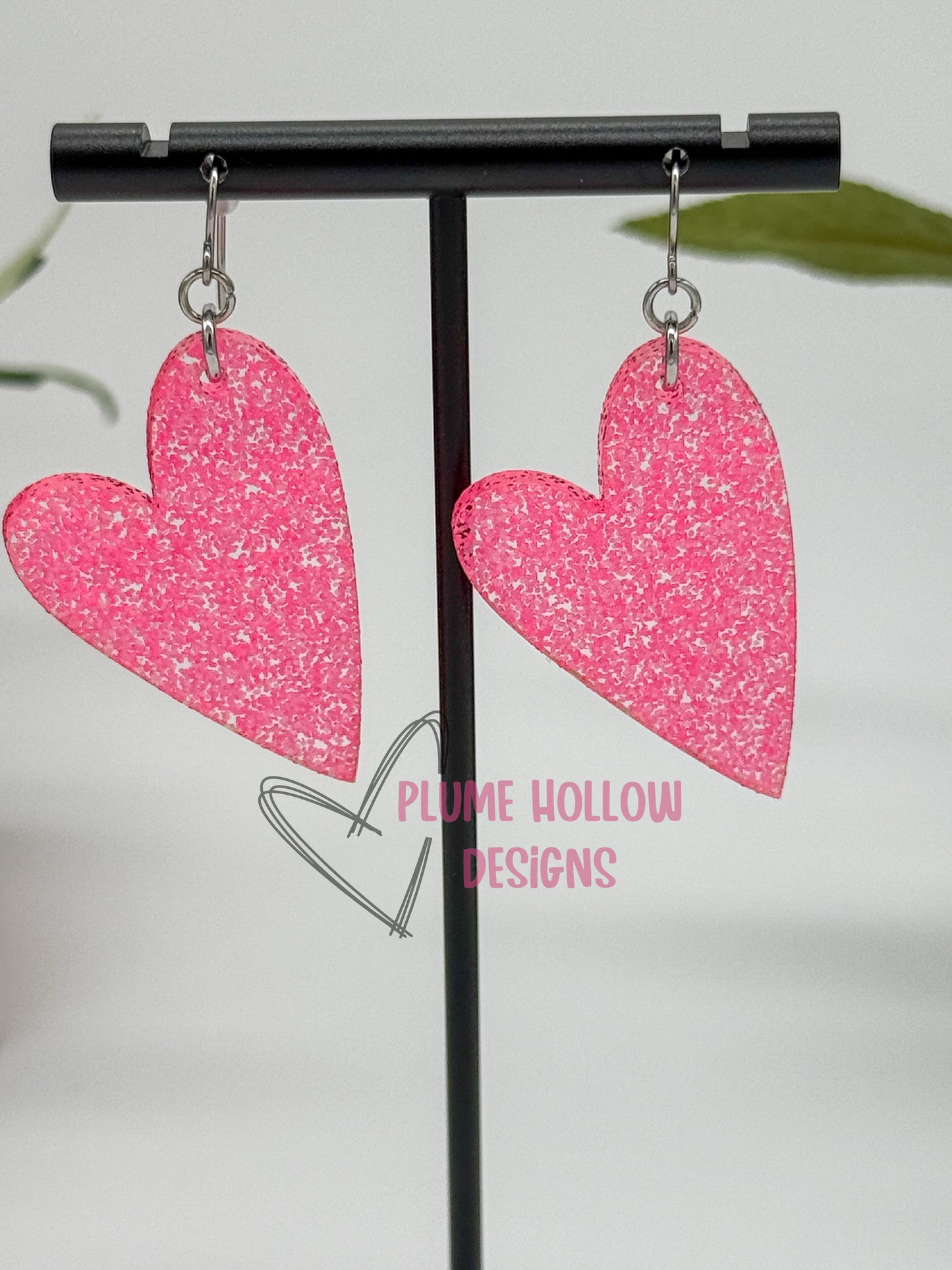 Neon Hot Pink Glitter Heart Earrings