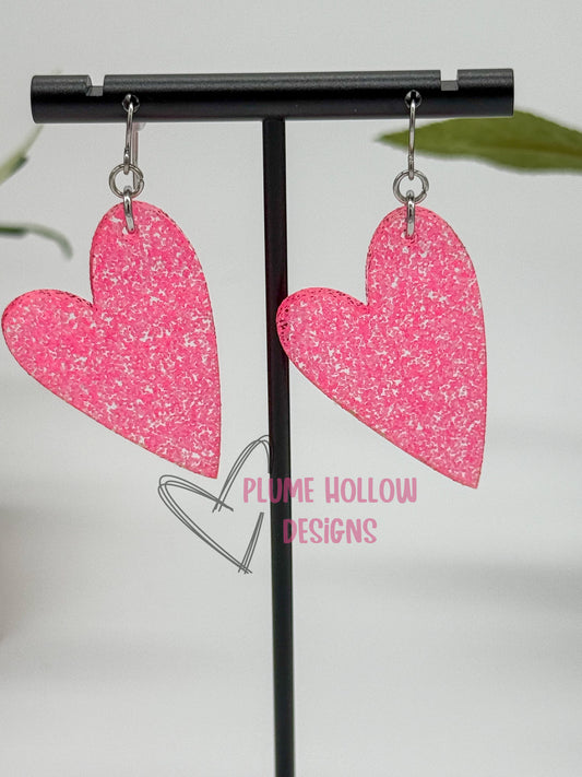 Neon Hot Pink Glitter Heart Earrings
