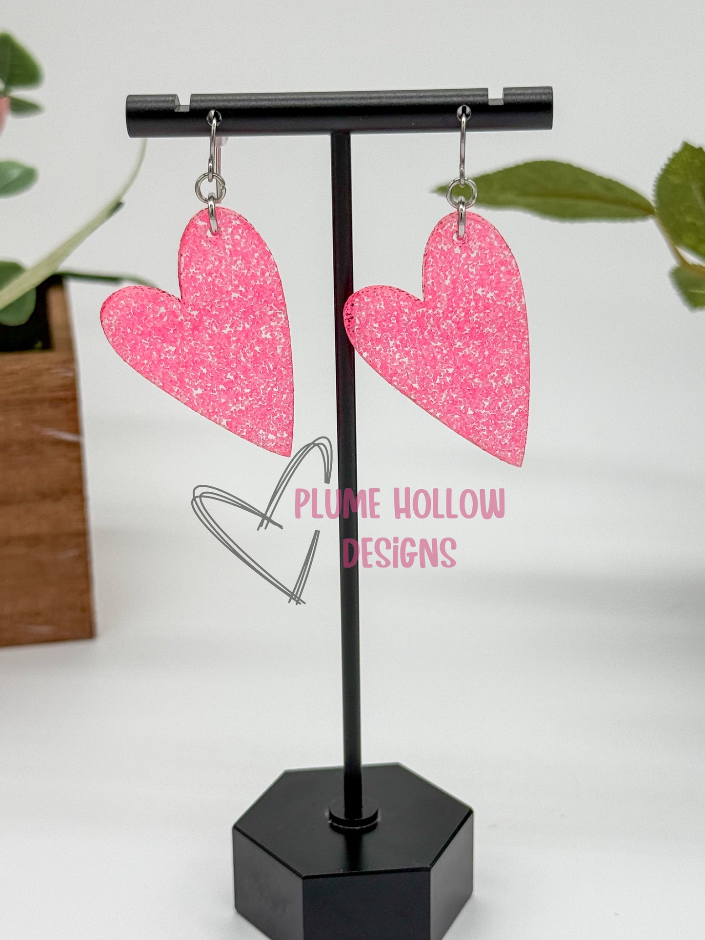 Neon Hot Pink Glitter Heart Earrings