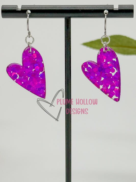 Magenta Chunky Glitter Small Heart Earrings