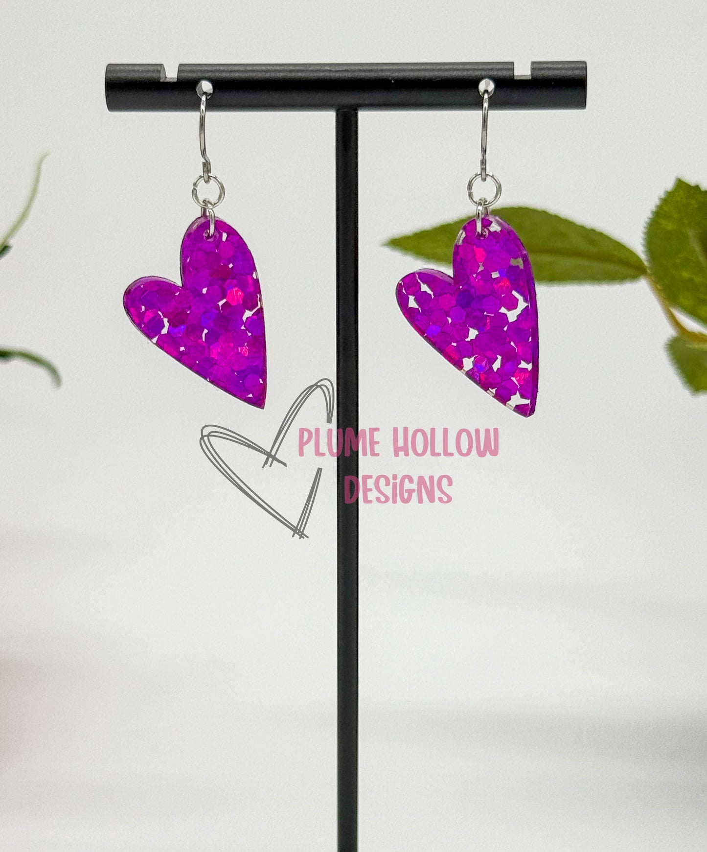 Magenta Chunky Glitter Small Heart Earrings