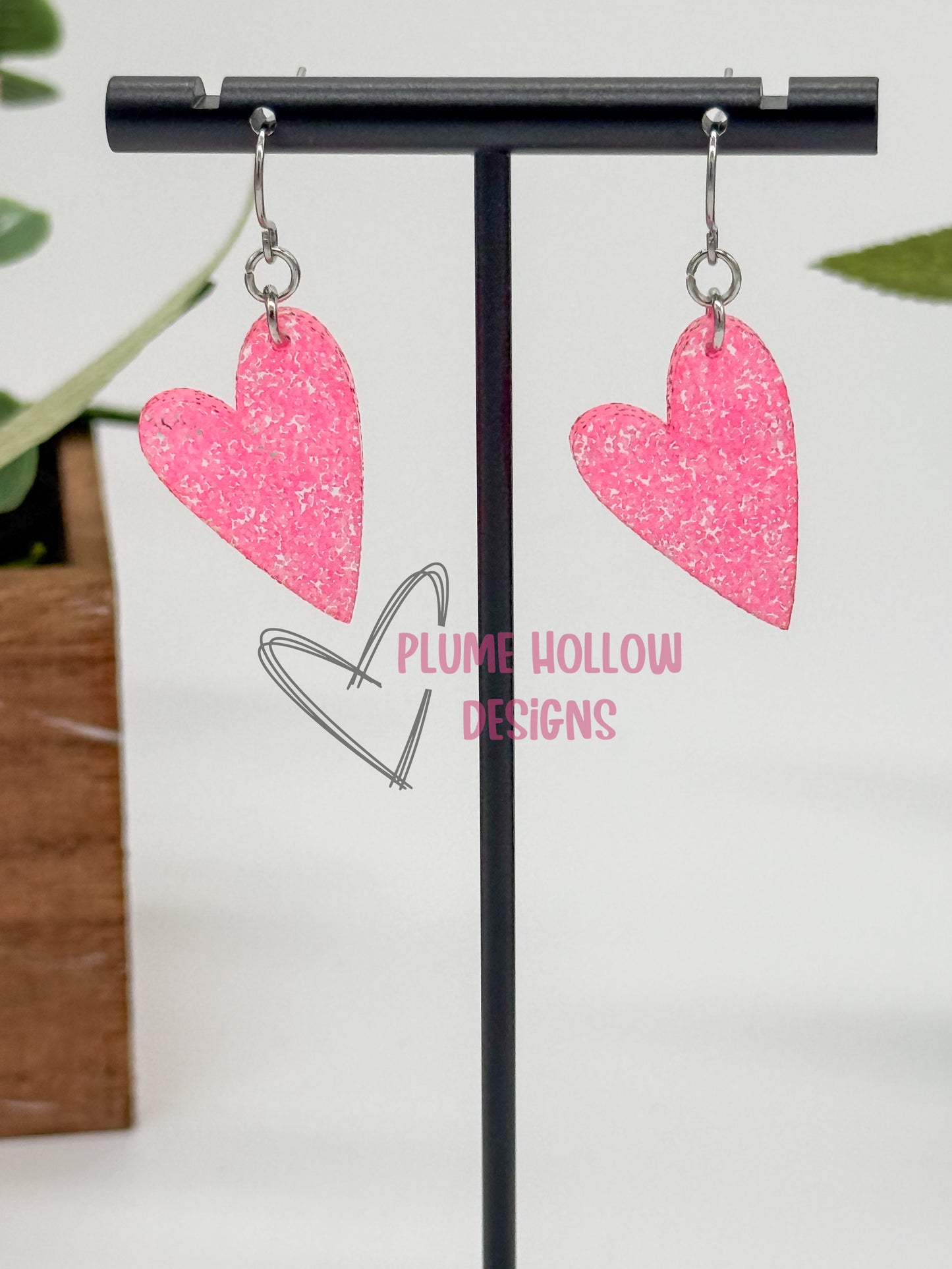 Neon Hot Pink Glitter Small Heart Earrings
