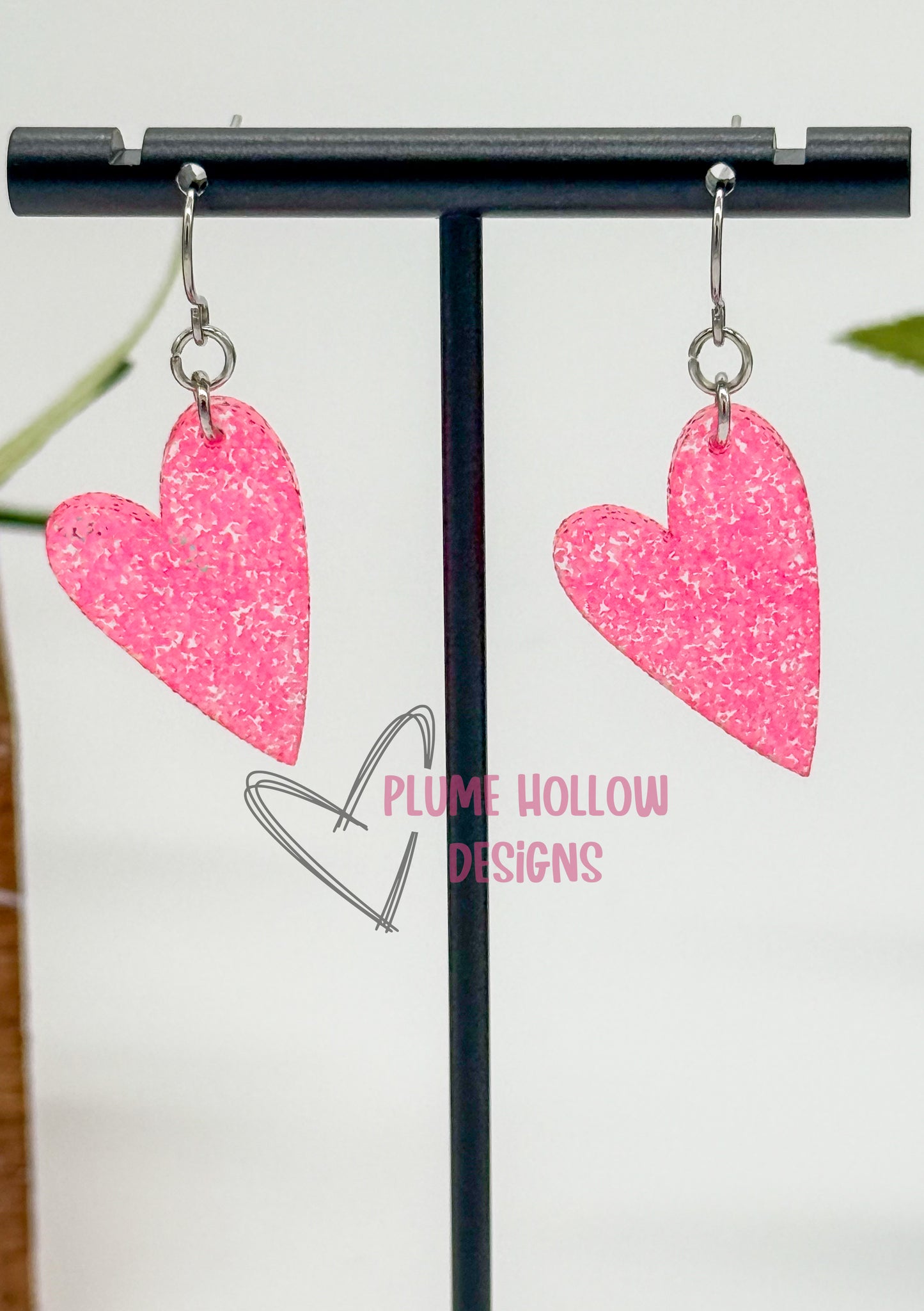Neon Hot Pink Glitter Small Heart Earrings