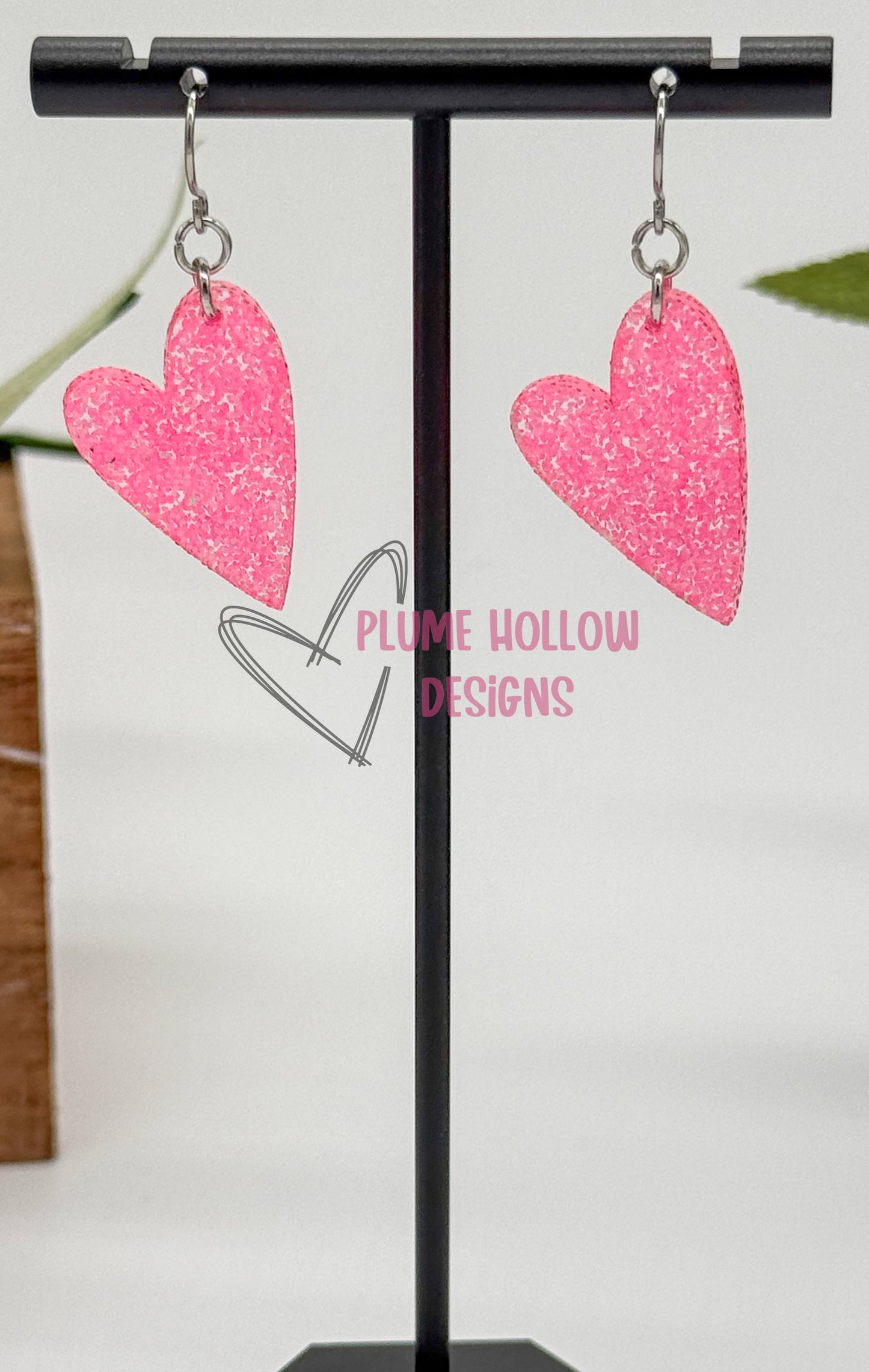 Neon Hot Pink Glitter Small Heart Earrings