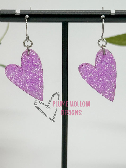 Neon Purple Glitter Small Heart Earrings
