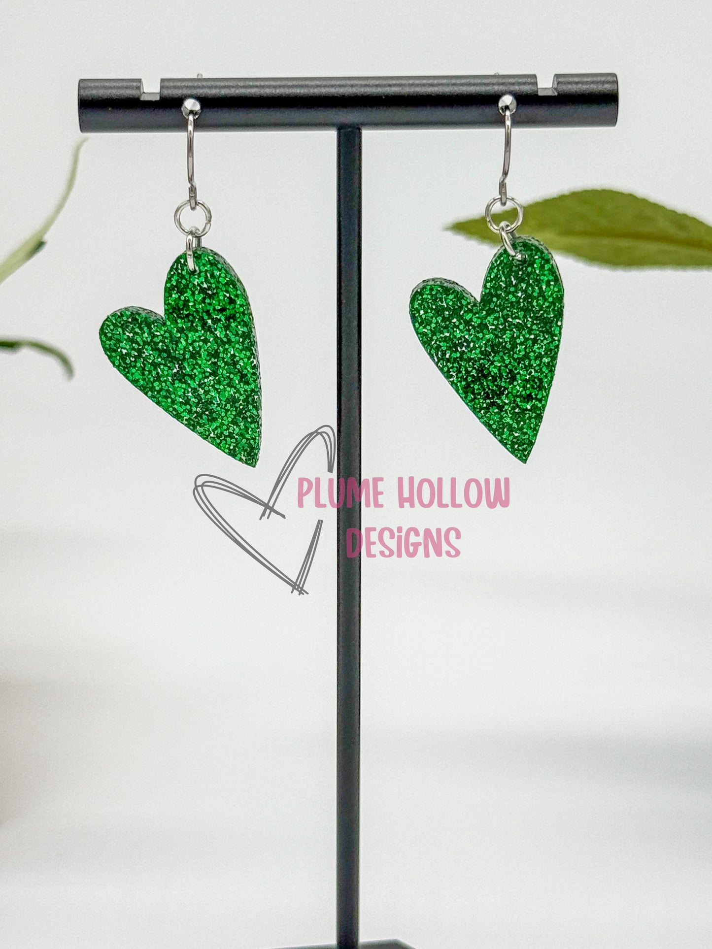 Green Glitter Small Heart Earrings