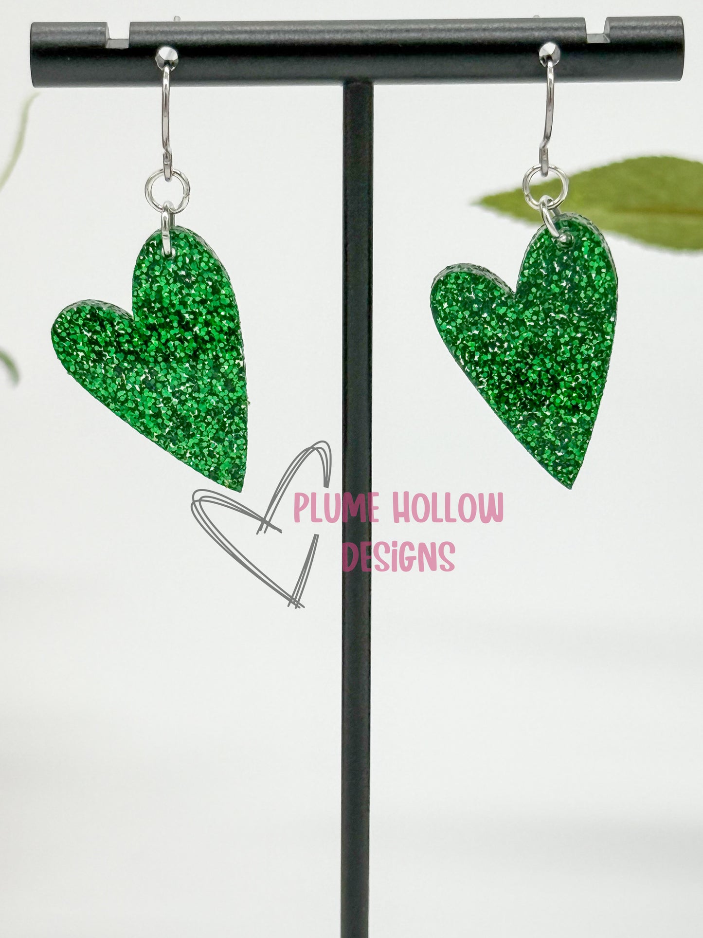 Green Glitter Small Heart Earrings