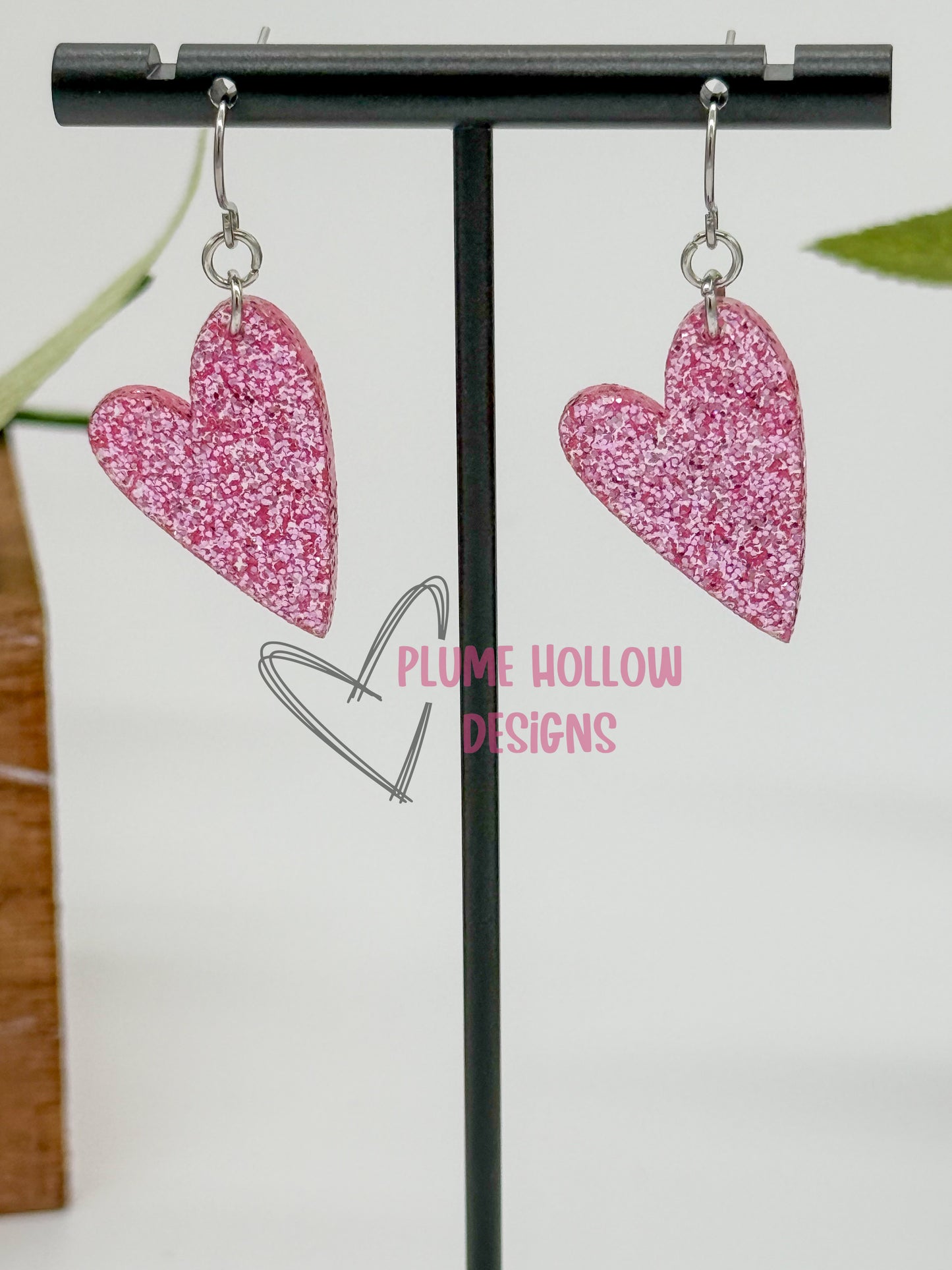 Pink Glitter Small Heart Earrings