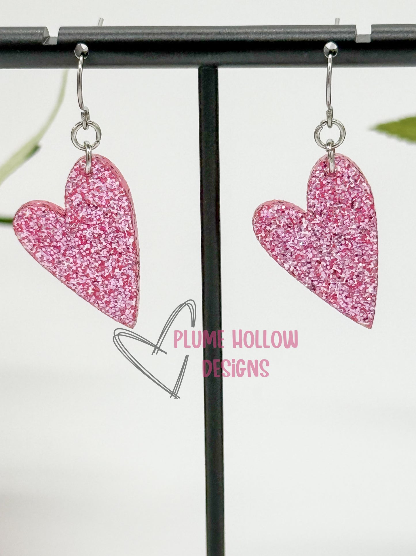 Pink Glitter Small Heart Earrings