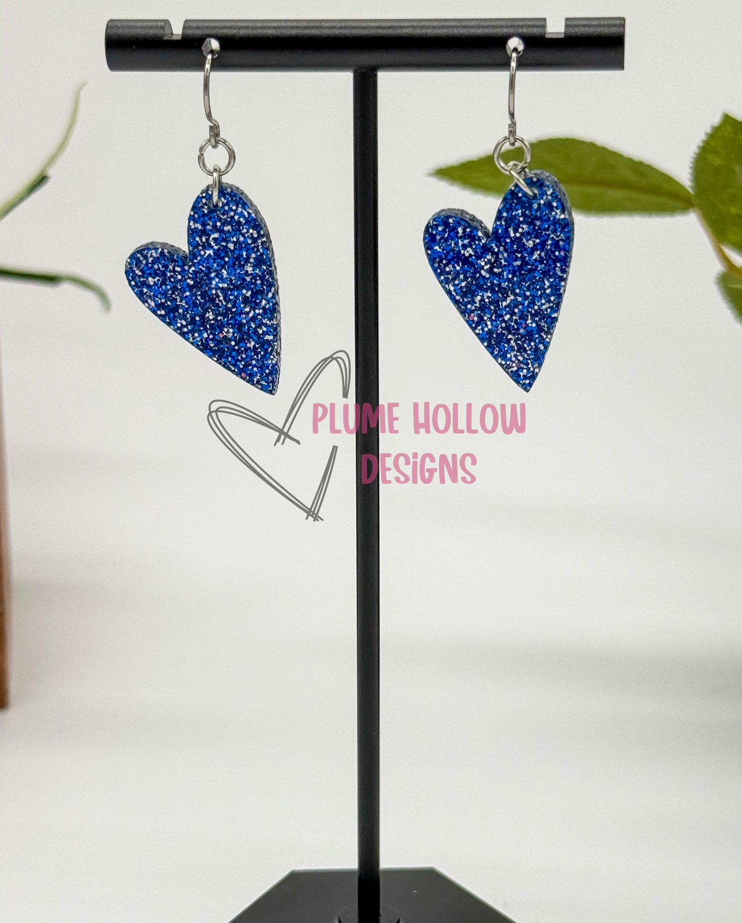Blue Glitter Small Heart Earrings