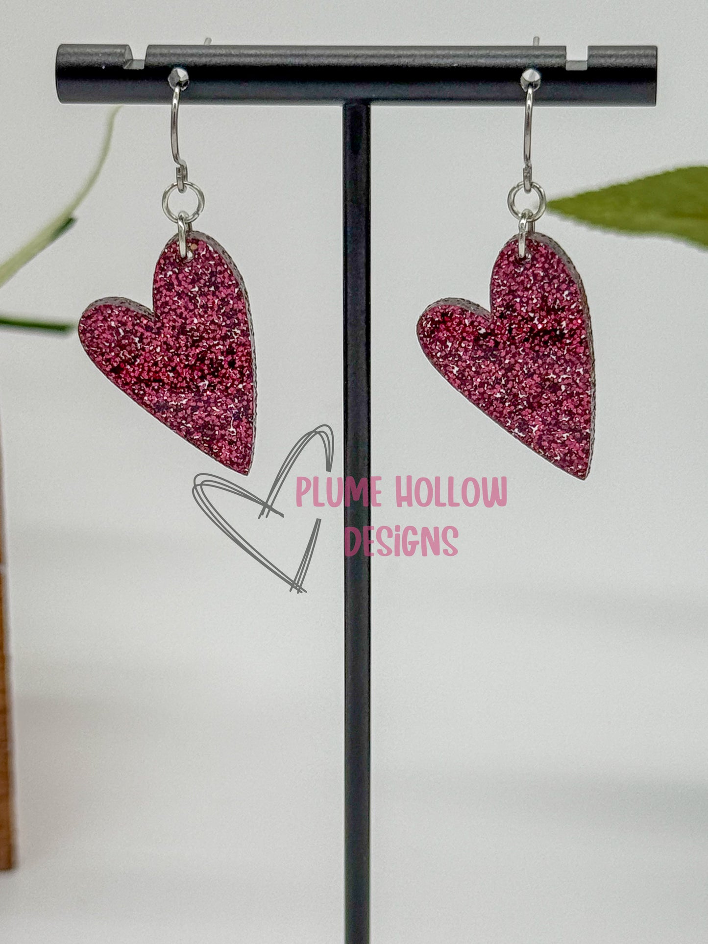 Maroon Glitter Small Heart Earrings