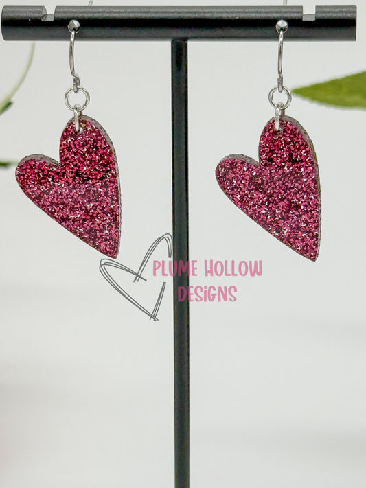 Maroon Glitter Small Heart Earrings