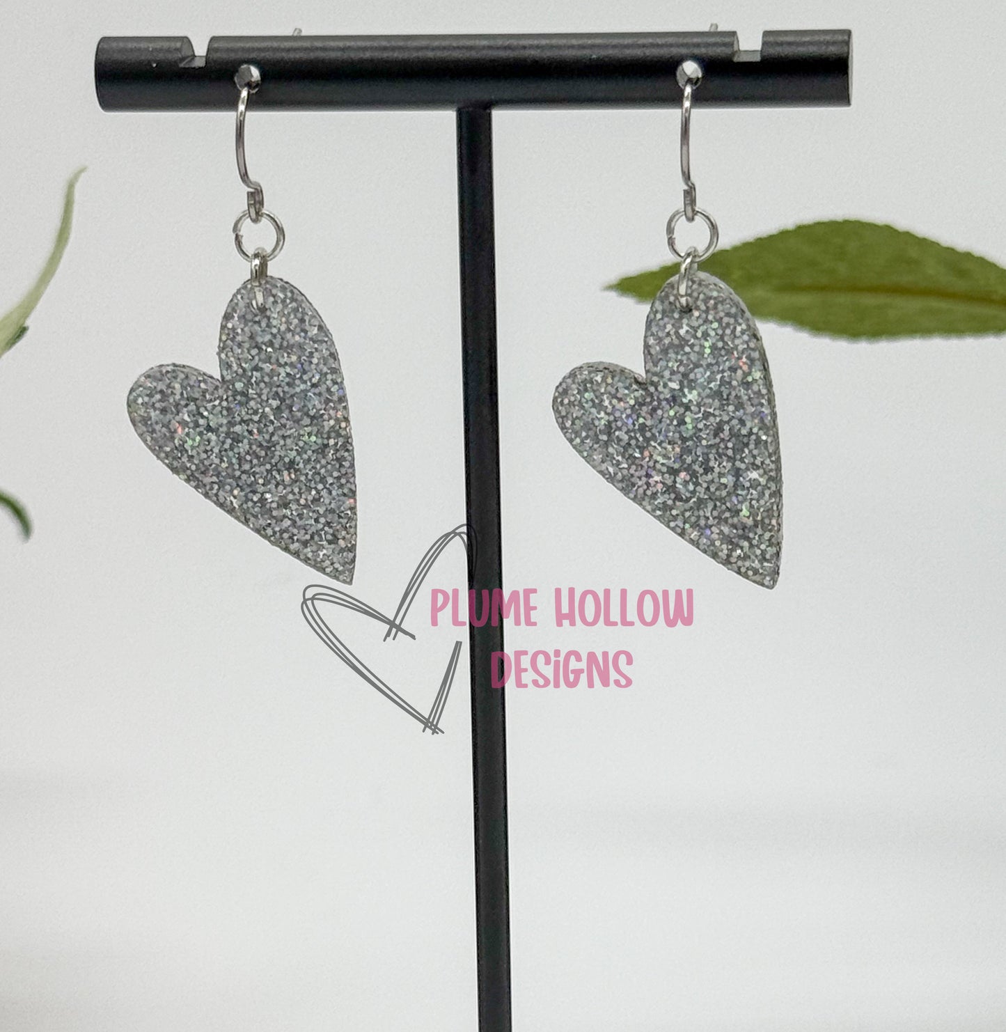 Silver Holographic Glitter Small Heart Earrings