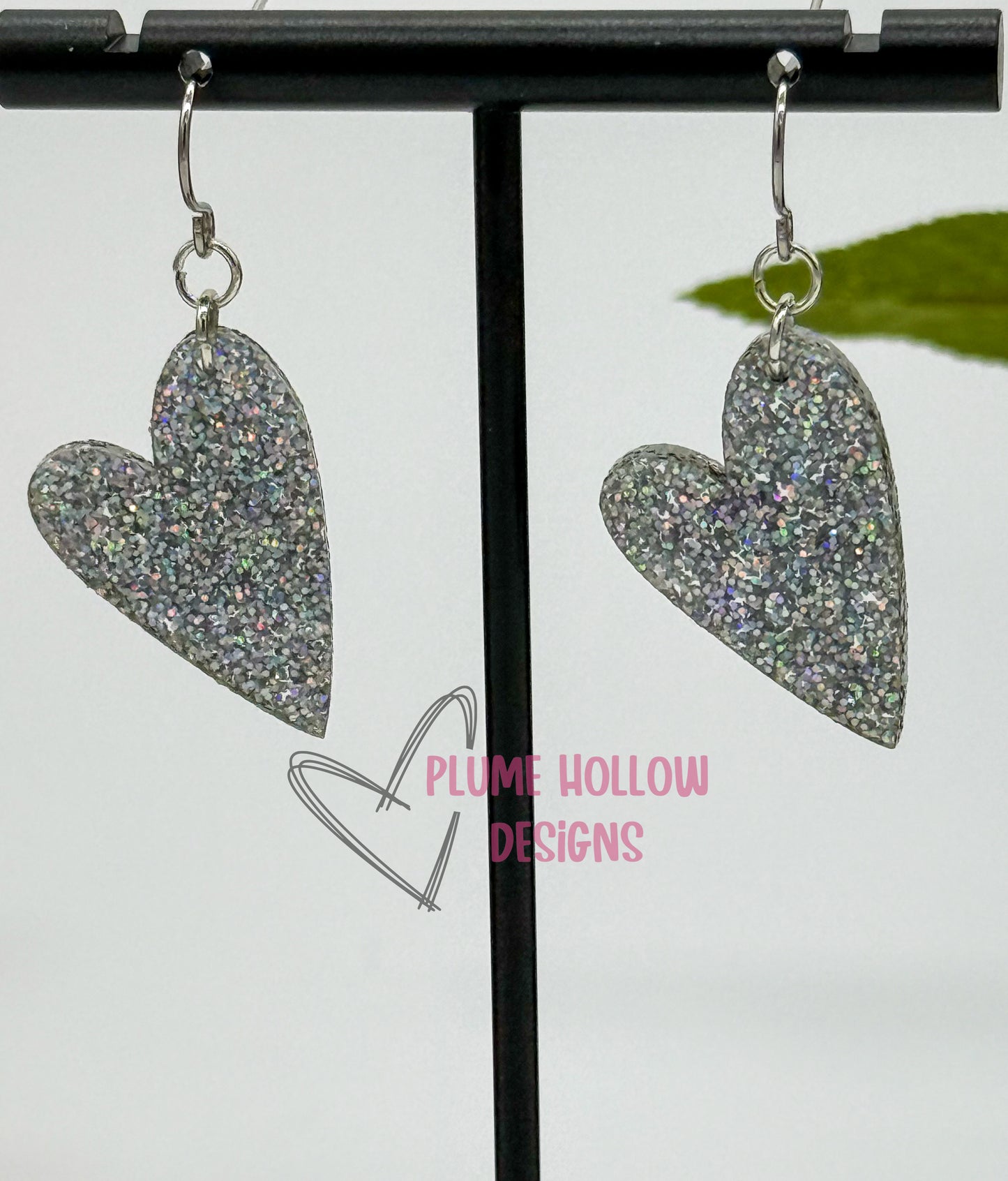 Silver Holographic Glitter Small Heart Earrings