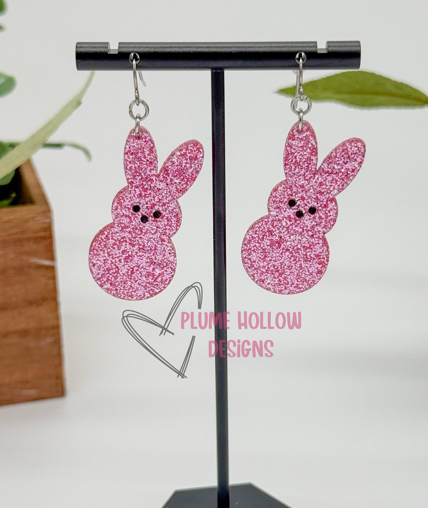 Large Pink Glitter Marshmallow Bunny Dangle Earring
