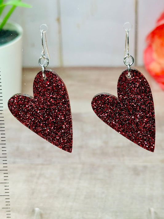 Maroon Glitter Heart Earrings