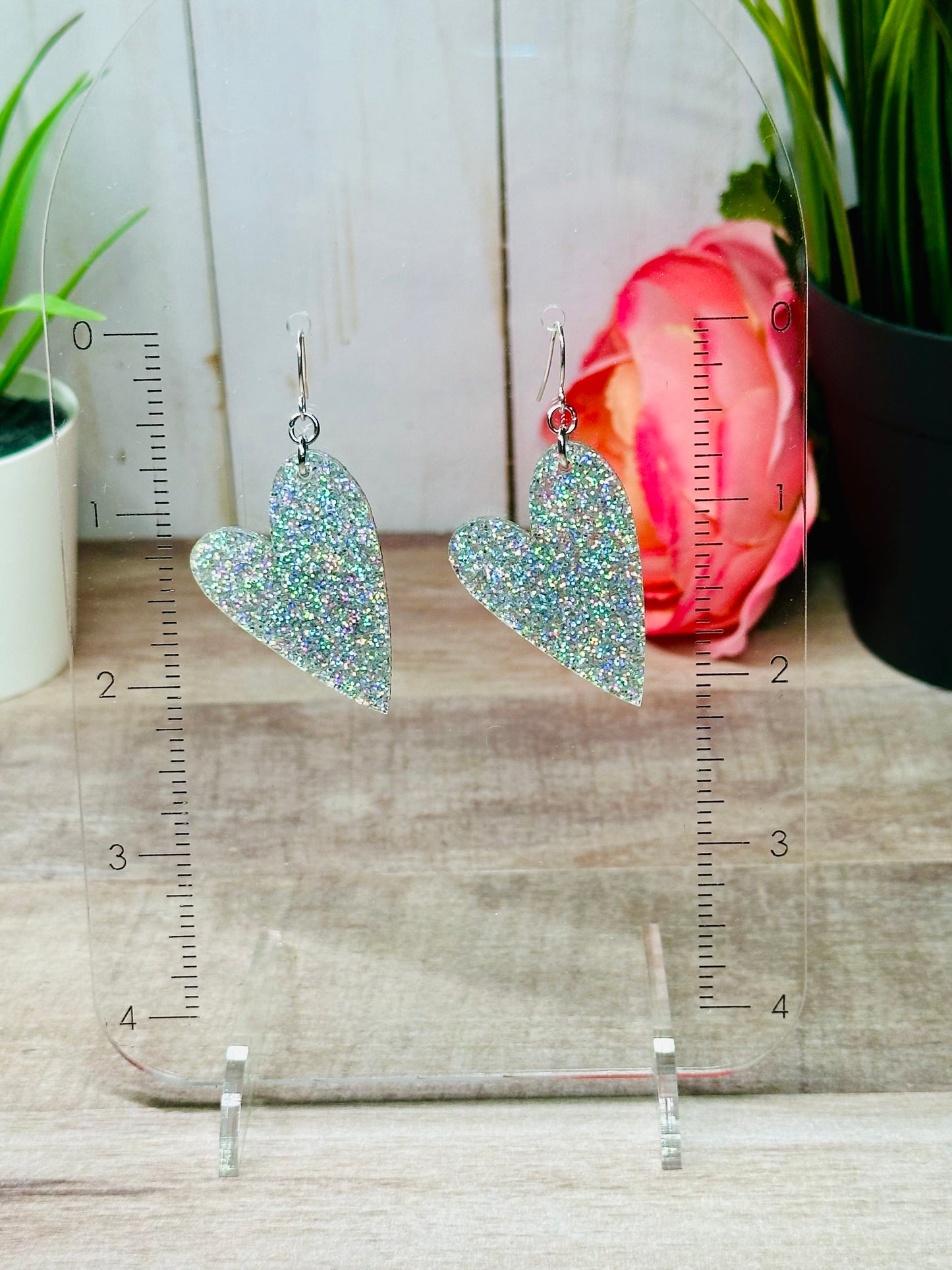 Silver Holographic Glitter Heart Earrings