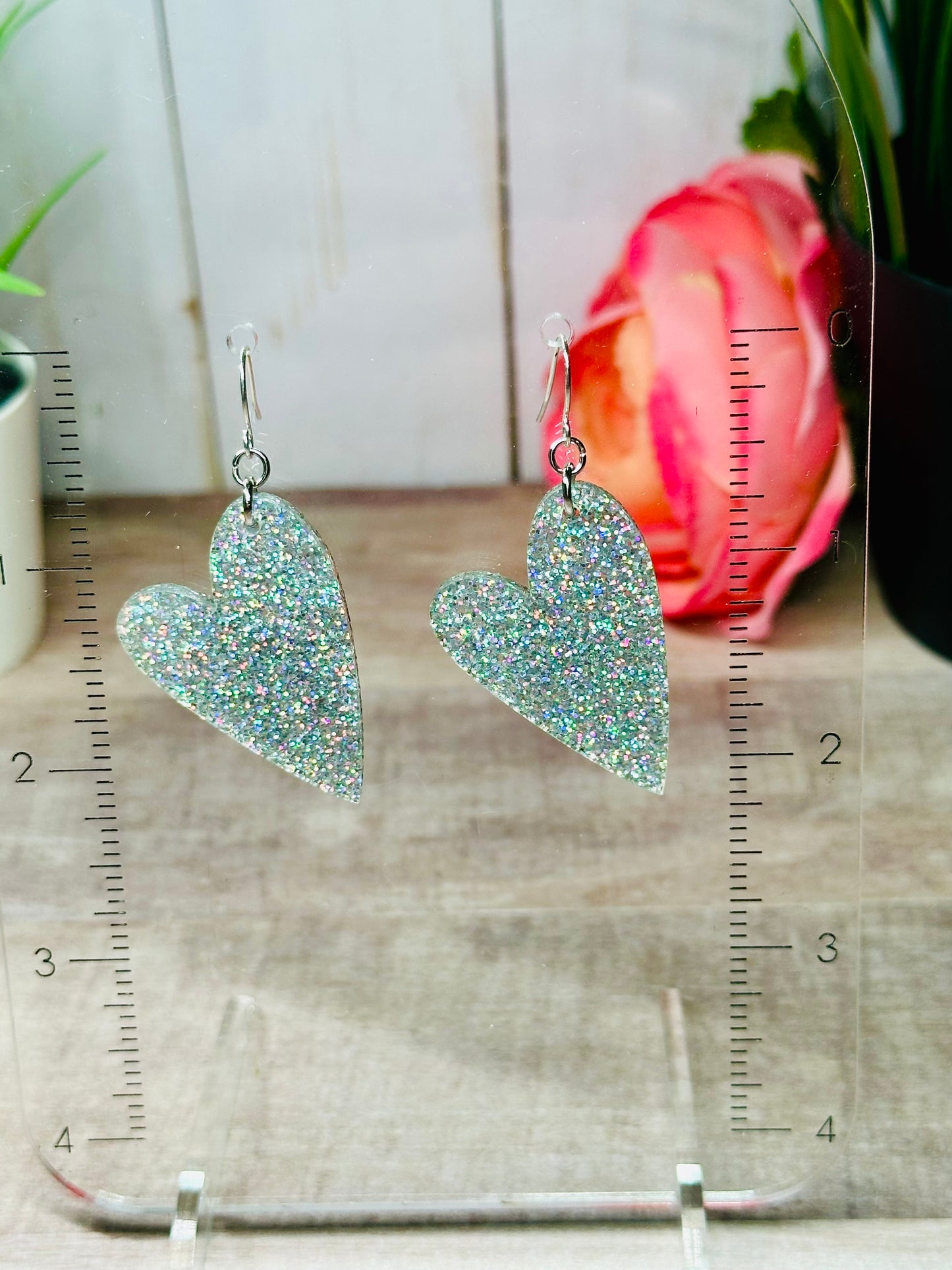 Silver Holographic Glitter Heart Earrings