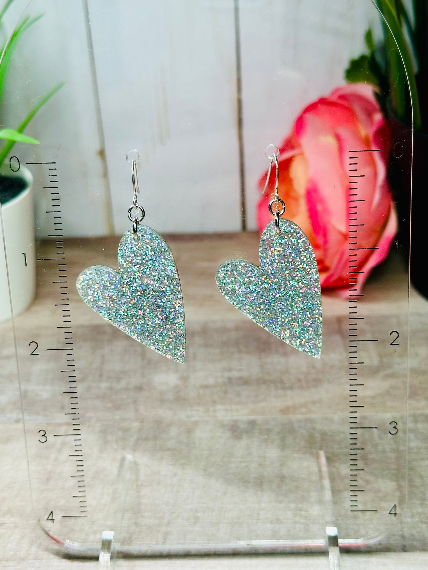 Silver Holographic Glitter Heart Earrings